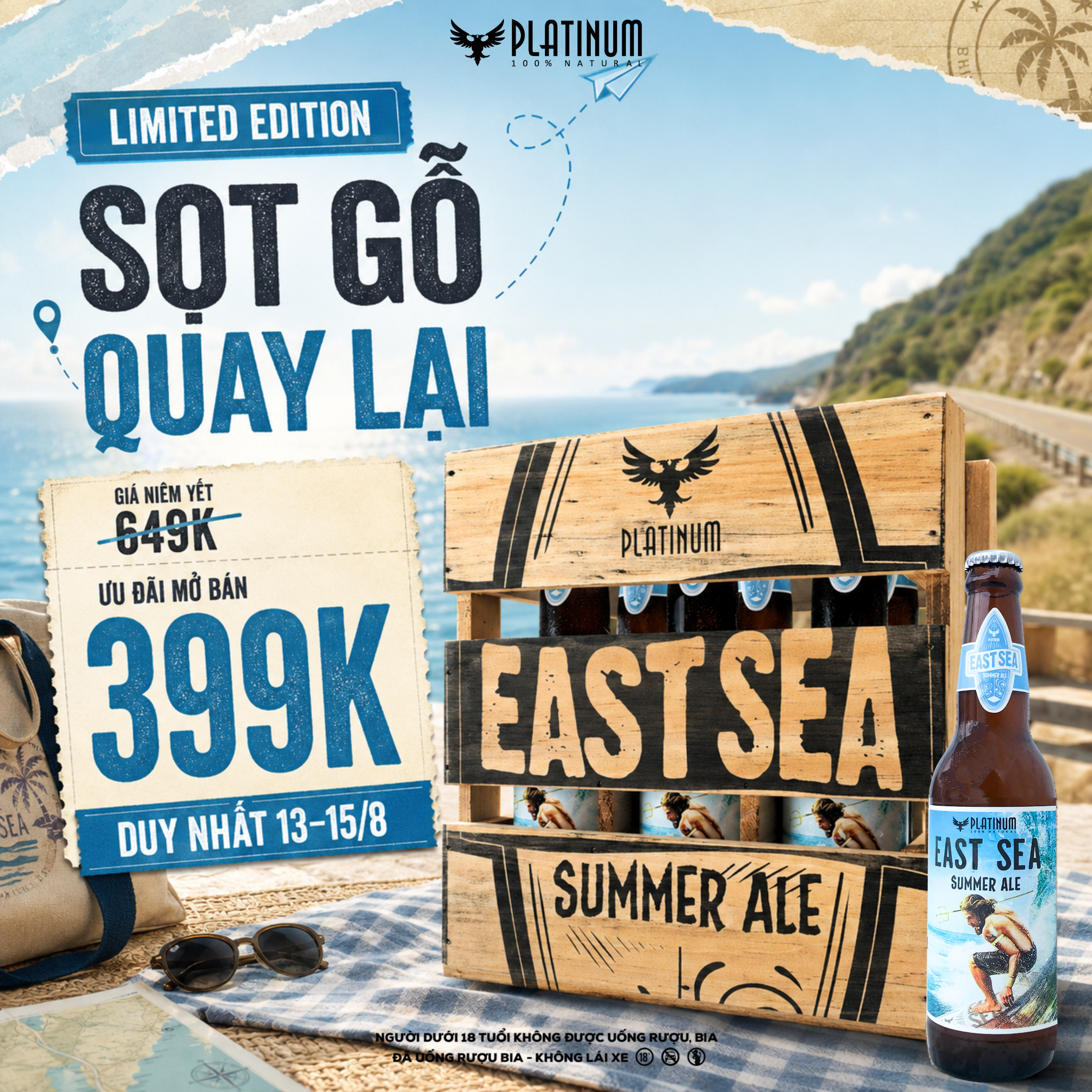  ƯU ĐÃI MỞ BÁN 399K - SỌT GỖ 6 CHAI EAST SEA SUMMER ALE 