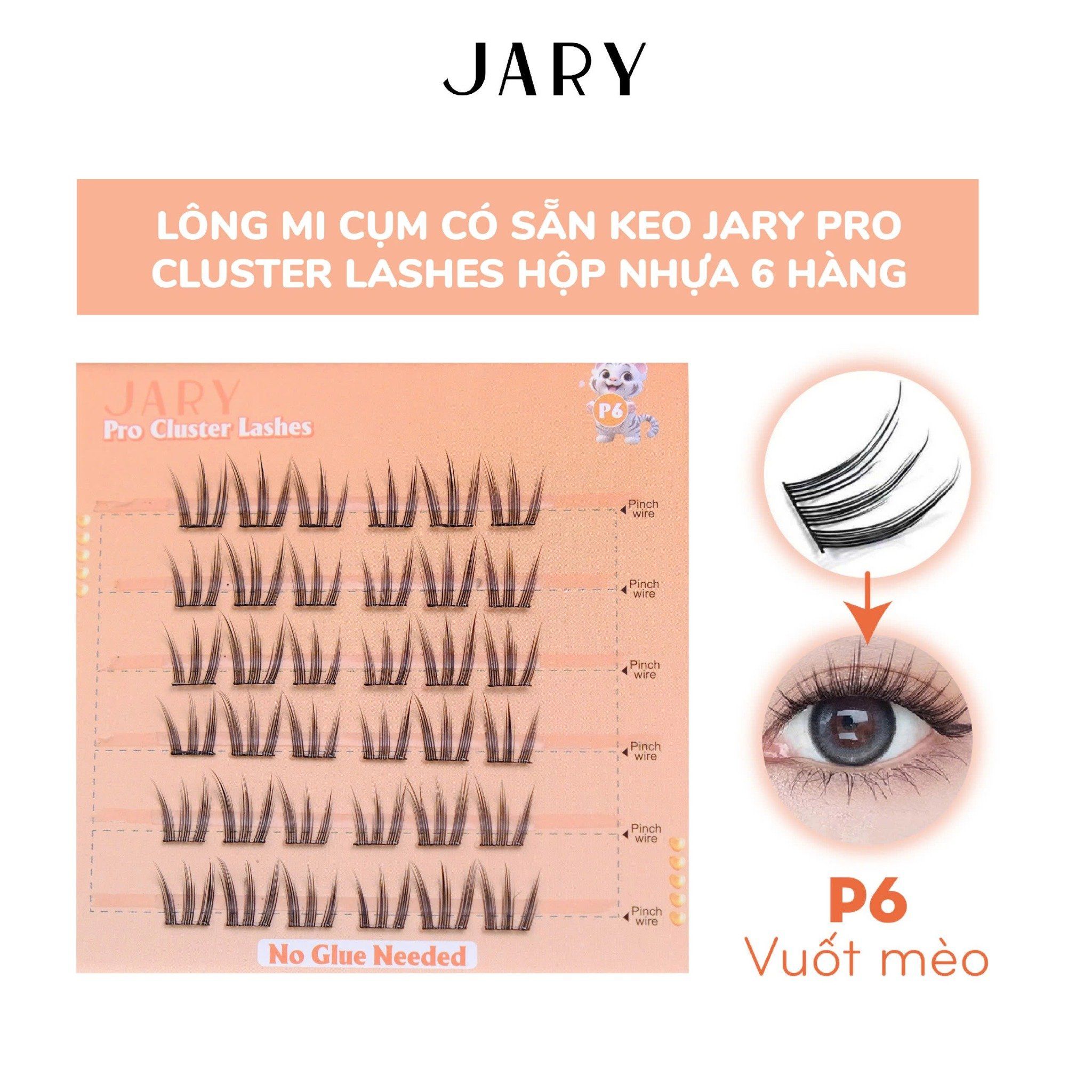 LÔNG MI CỤM CÓ SẴN KEO JARY PRO CLUSTER LASHES HỘP NHỰA 6 HÀNG - P6 VUỐT MÈO - KHÔNG HỘP