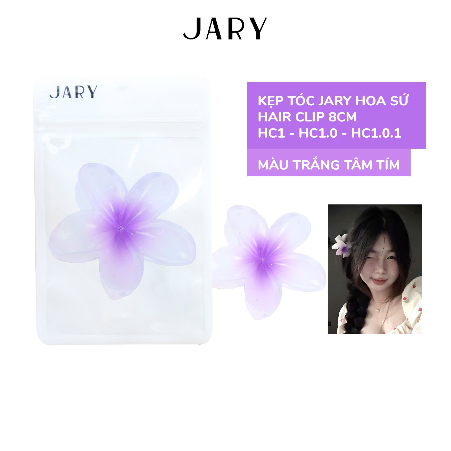 KẸP TÓC HOA SỨ NHỰA JARY HAIR CLIP - HC1 - HC1.0 - HC1.0.1 - MÀU TRẮNG TÂM TÍM - 8CM