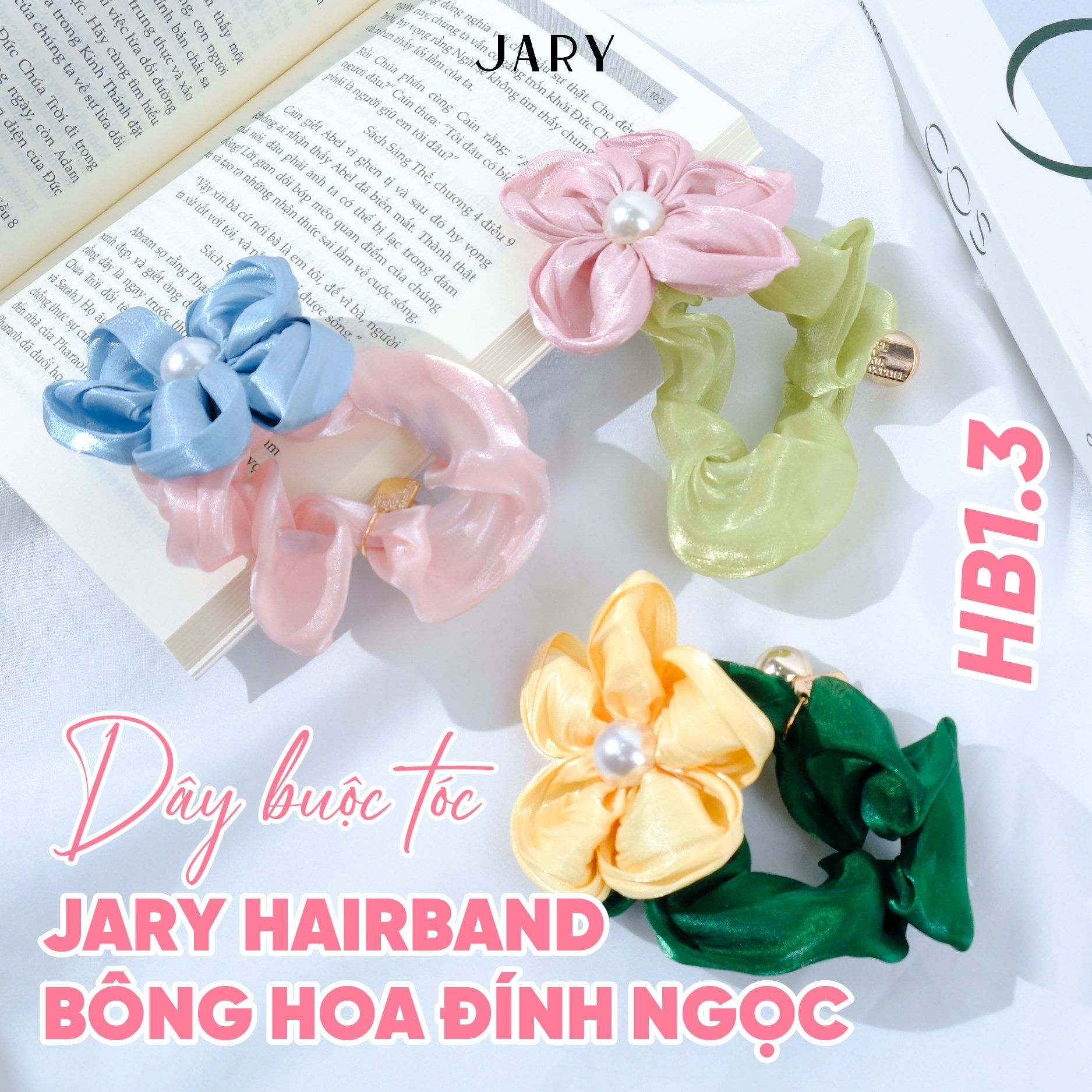 DÂY BUỘC TÓC JARY HAIRBAND BÔNG HOA ĐÍNH NGỌC - HB1 - HB1.3 - HB1.3.2 - MÀU HỒNG XANH DƯƠNG