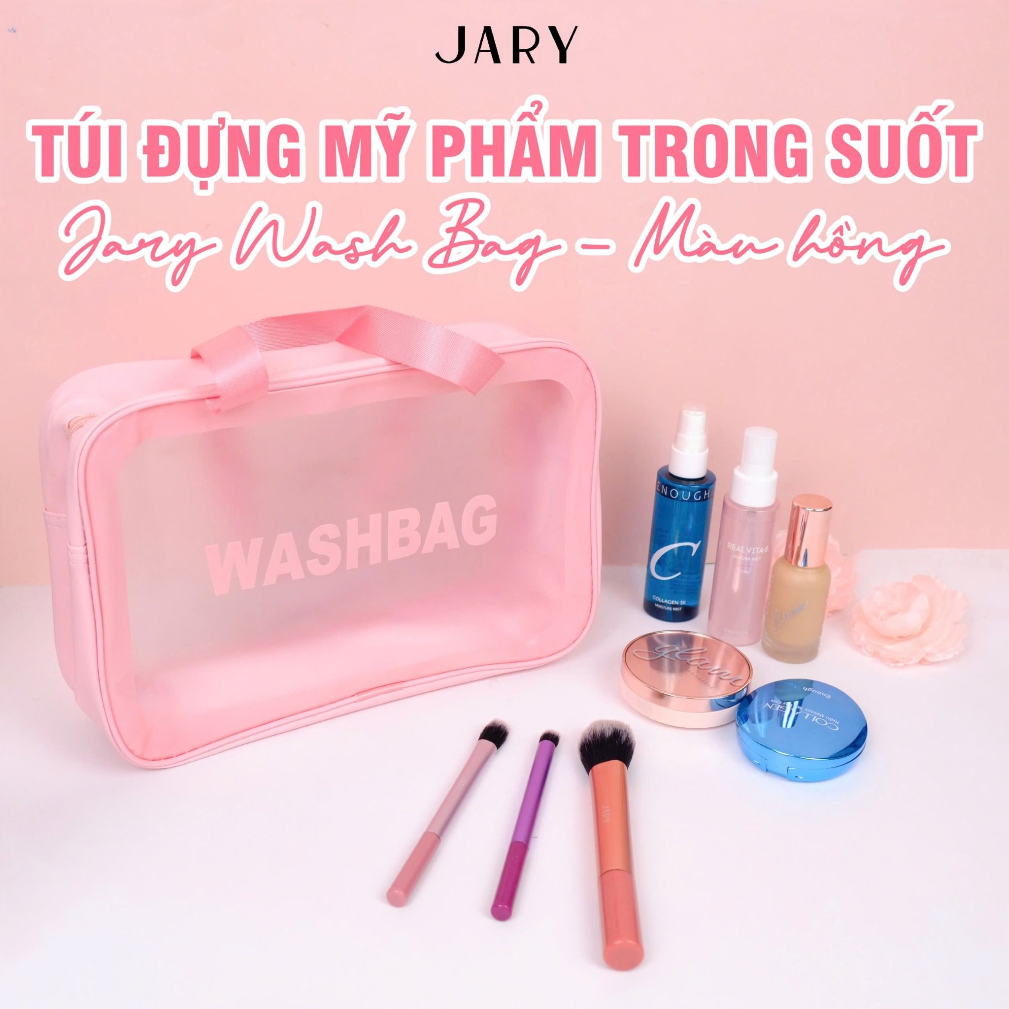 TÚI ĐỰNG MỸ PHẨM TRONG SUỐT JARY WASH BAG - MÀU HỒNG - SIZE 29.5X10.5X20