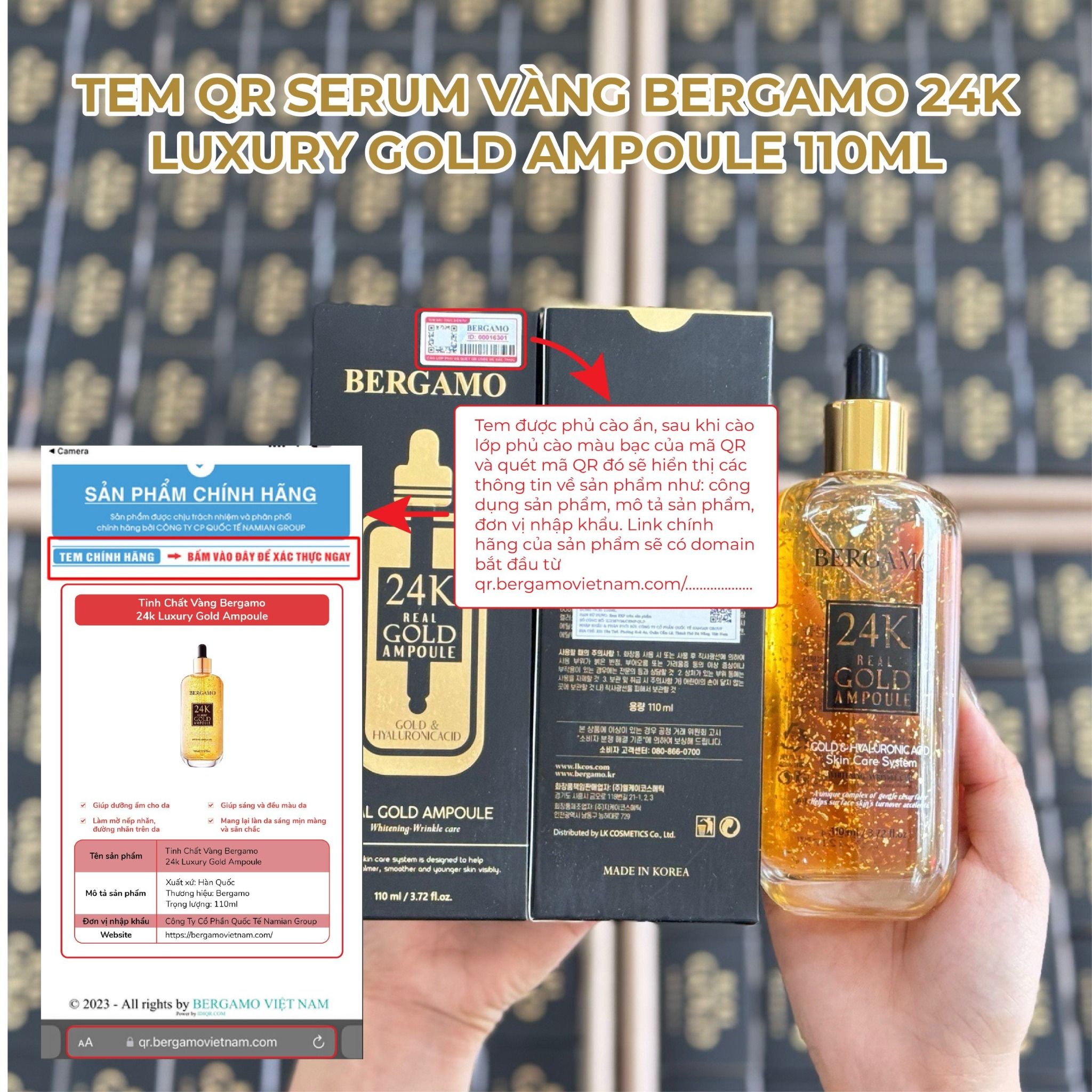 TINH CHẤT VÀNG BERGAMO 24K LUXURY GOLD AMPOULE 110ML