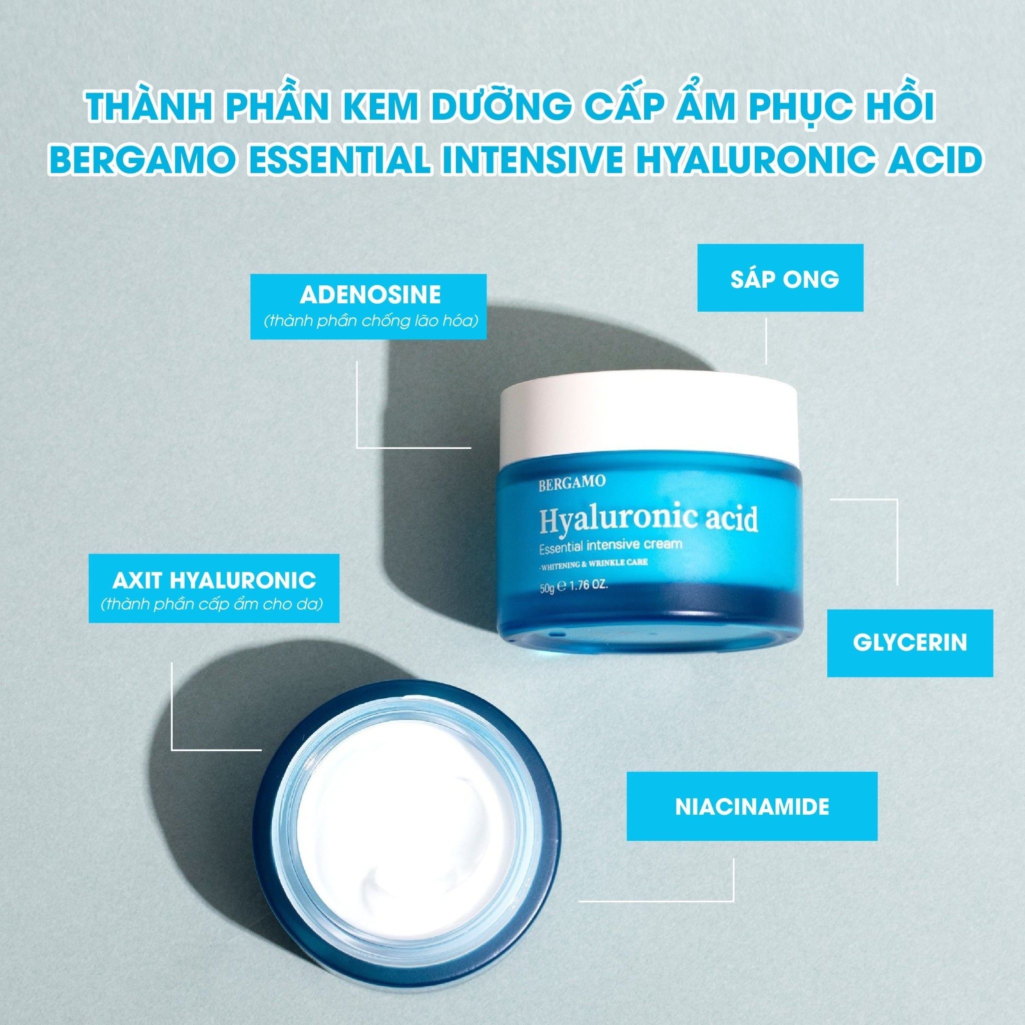 KEM DƯỠNG CẤP ẨM HỖ TRỢ PHỤC HỒI BERGAMO HYALURONIC ACID ESSENTIAL INTENSIVE CREAM 50G