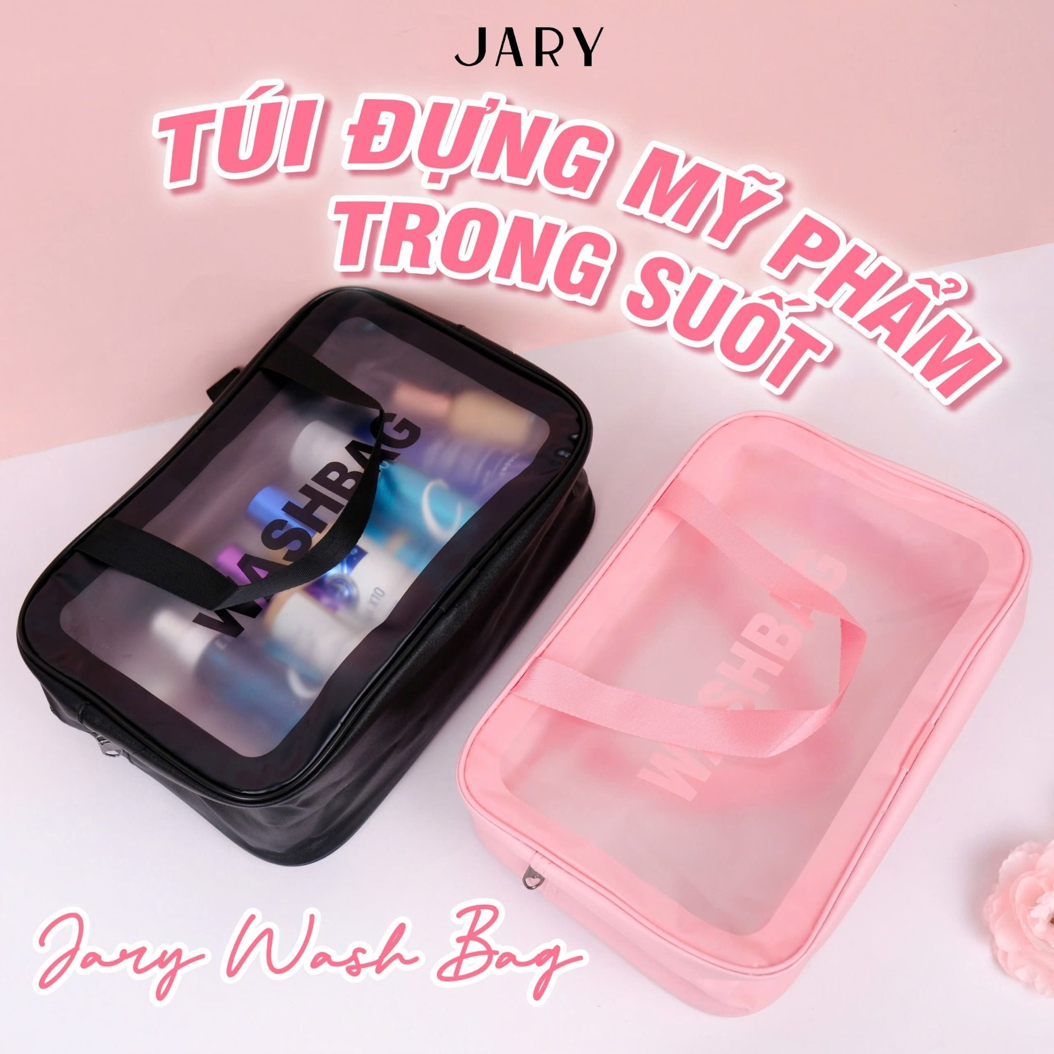TÚI ĐỰNG MỸ PHẨM TRONG SUỐT JARY WASH BAG - MÀU HỒNG - SIZE 29.5X10.5X20