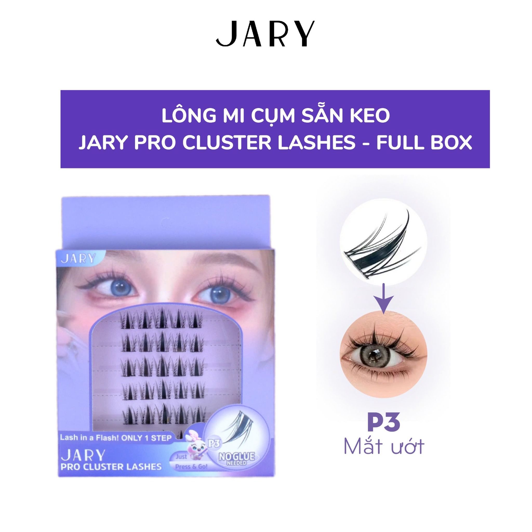 LÔNG MI CỤM CÓ SẴN KEO JARY PRO CLUSTER LASHES HỘP NHỰA 6 HÀNG - P3 MẮT ƯỚT - FULLBOX
