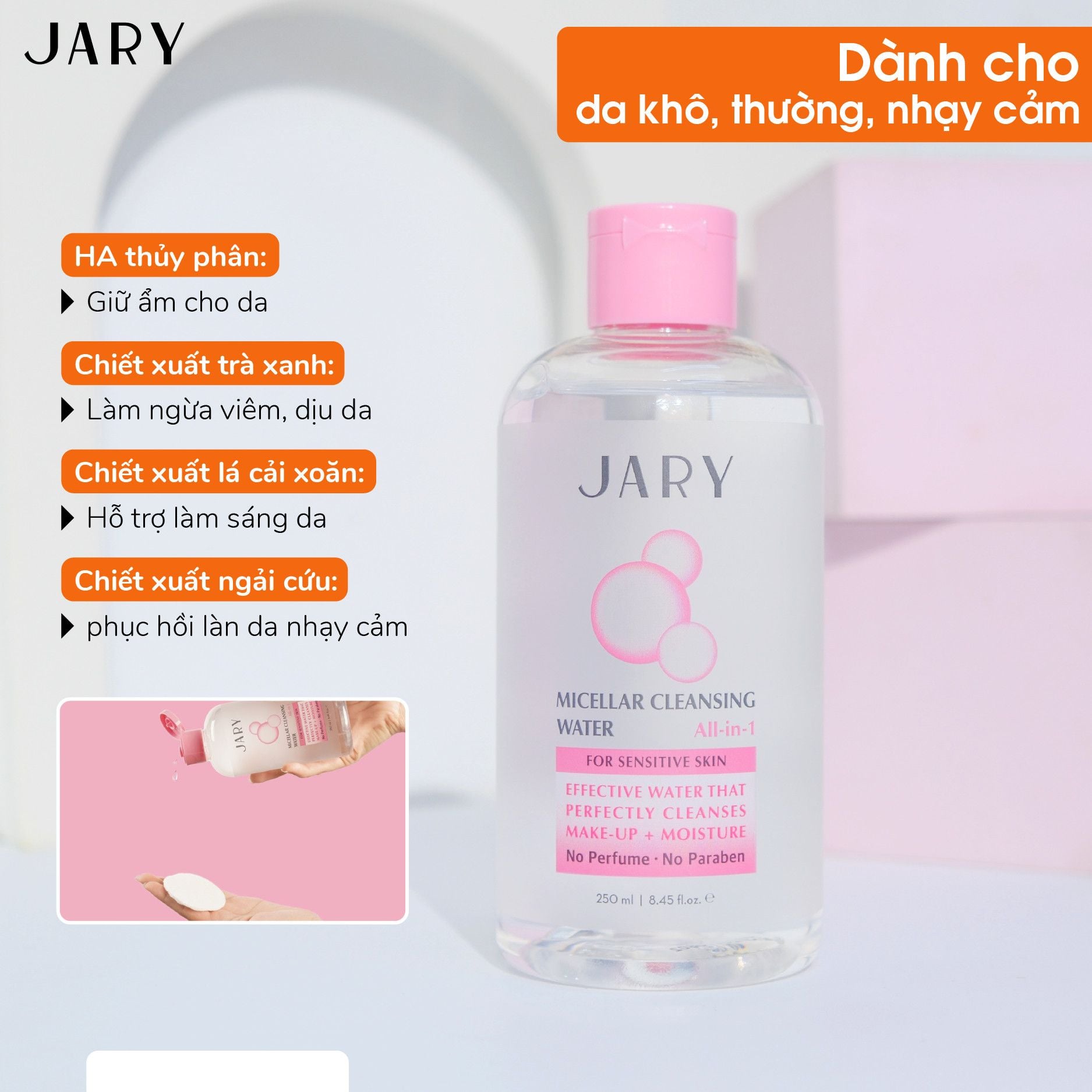 NƯỚC TẨY TRANG JARY MICELLAR CLEANSING WATER MÀU HỒNG - DÀNH CHO DA KHÔ, THƯỜNG, NHẠY CẢM