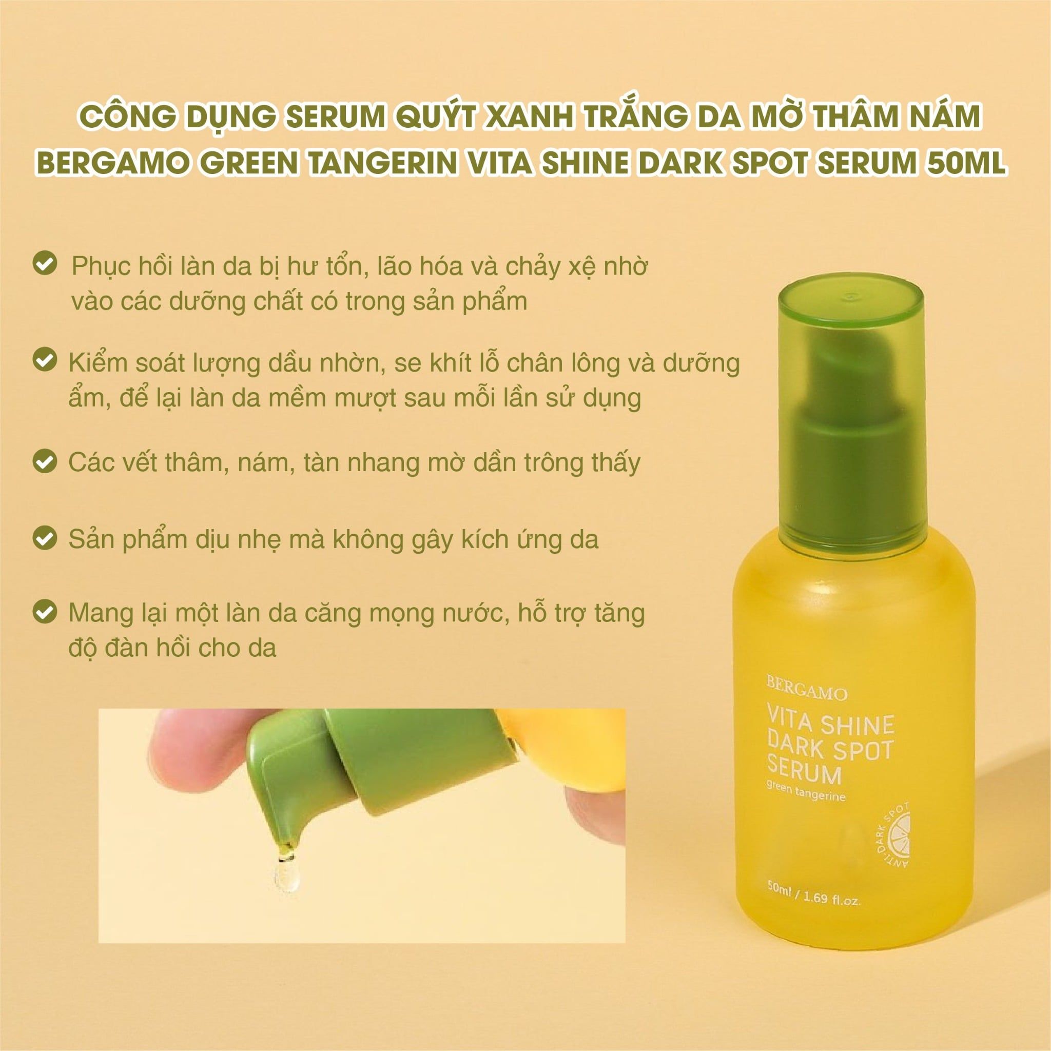 SERUM QUÝT XANH SÁNG DA MỜ THÂM NÁM BERGAMO GREEN TANGERINE VITA SHINE DARK SPOT SERUM 50ML