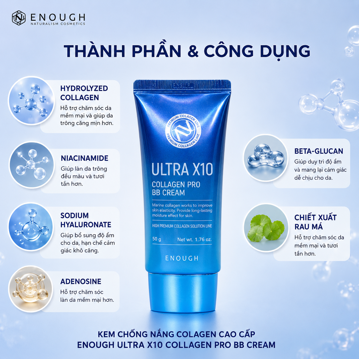 KEM NỀN BB CHE KHUYẾT ĐIỂM COLLAGEN CAO CẤP ENOUGH PREMIUM ULTRA X10 COLLAGEN BB CREAM 50G