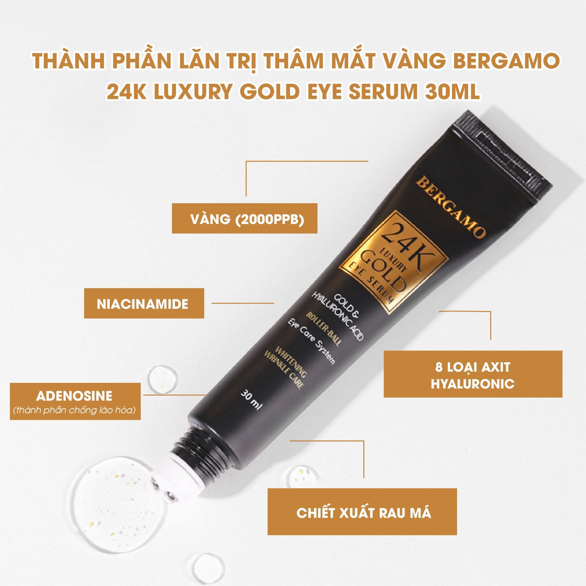 LĂN GIẢM THÂM MẮT VÀNG BERGAMO 24K LUXURY GOLD EYE SERUM 30ML