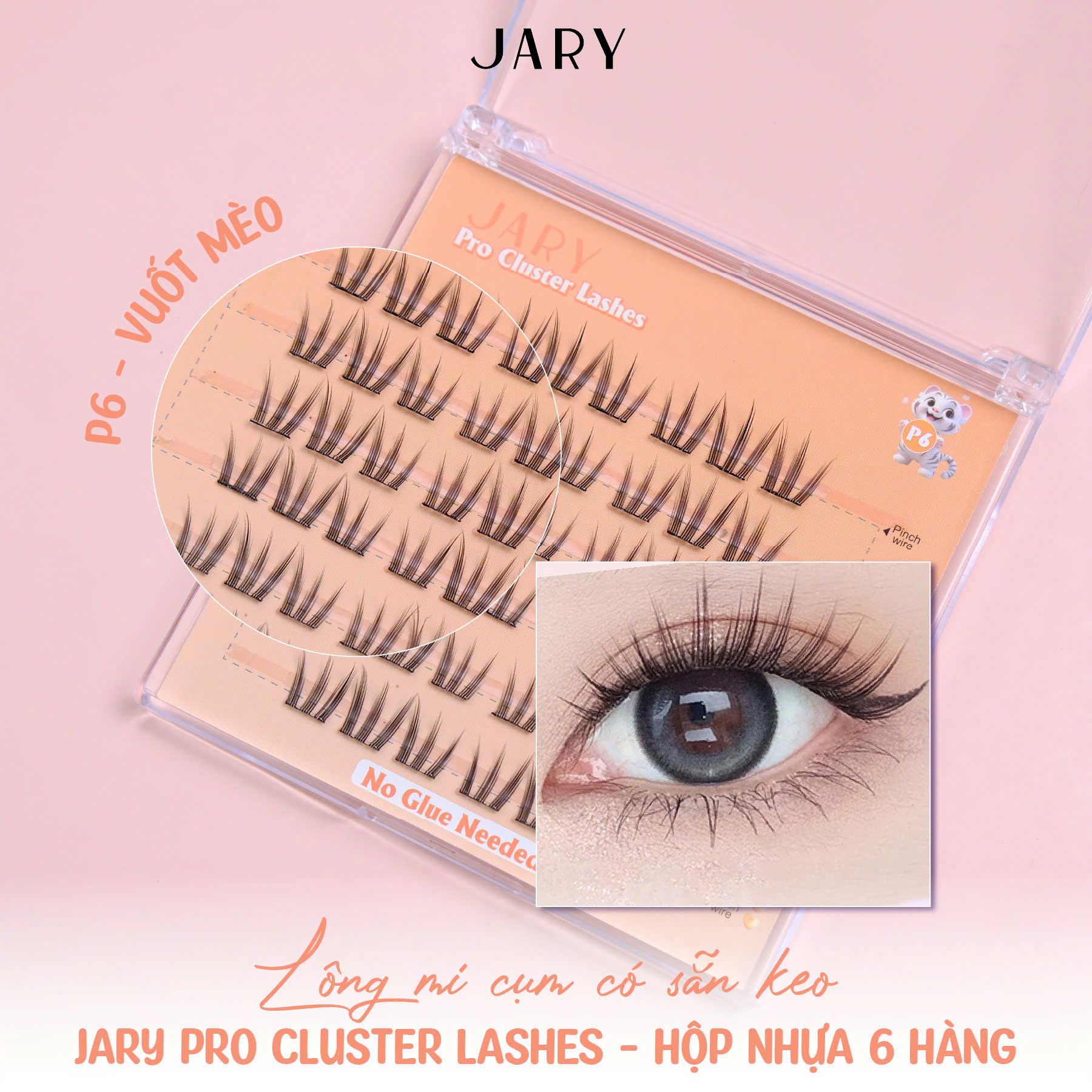 LÔNG MI CỤM CÓ SẴN KEO JARY PRO CLUSTER LASHES HỘP NHỰA 6 HÀNG - P6 VUỐT MÈO - KHÔNG HỘP