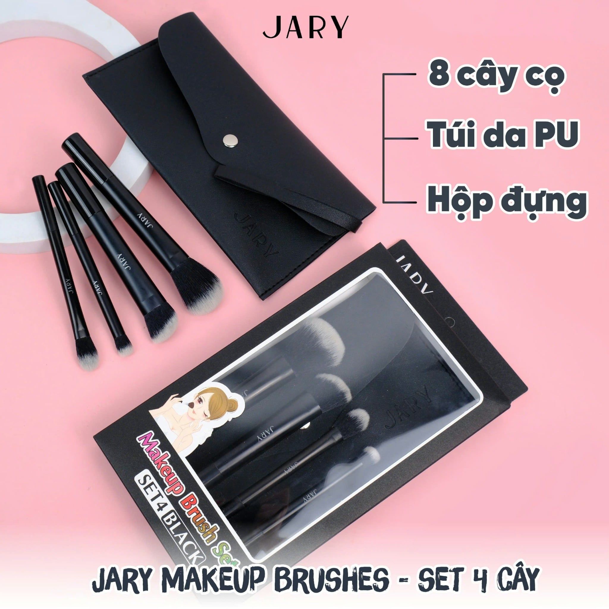 BỘ CỌ TRANG ĐIỂM JARY MAKEUP BRUSH - SET 4 CÂY - MÀU ĐEN + TÚI ĐỰNG DA PU