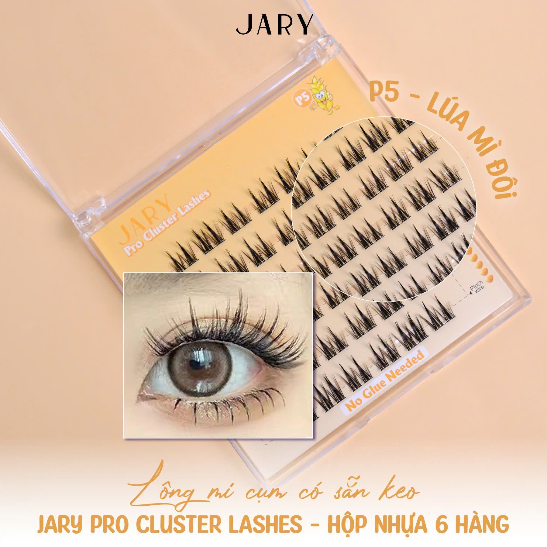 LÔNG MI CỤM CÓ SẴN KEO JARY PRO CLUSTER LASHES HỘP NHỰA 6 HÀNG - P5 LÚA MÌ ĐÔI - KHÔNG HỘP