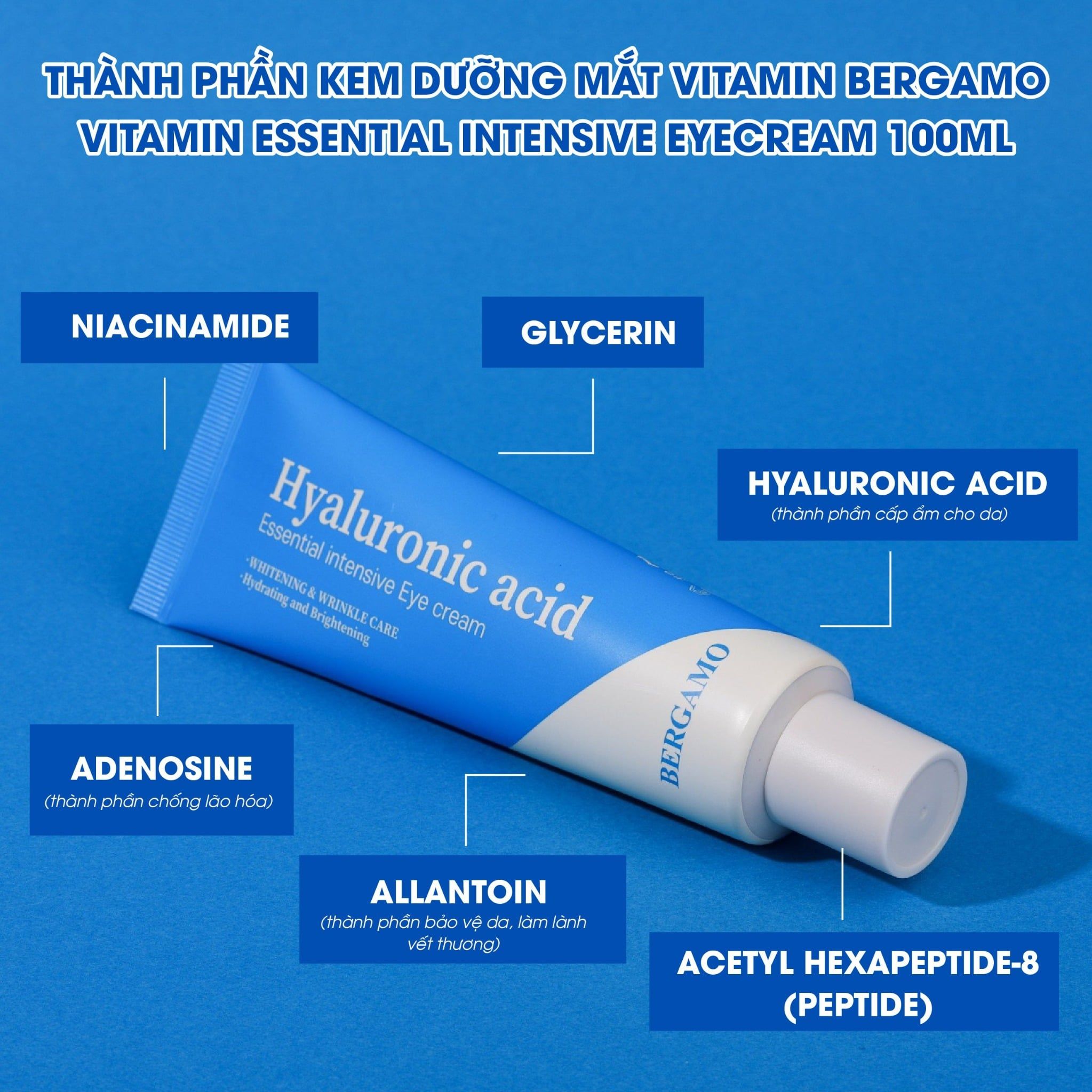 KEM DƯỠNG MẮT CẤP ẨM HỖ TRỢ PHỤC HỒI BERGAMO HYALURONIC ACID ESSENTIAL INTENSIVE EYE CREAM 100G
