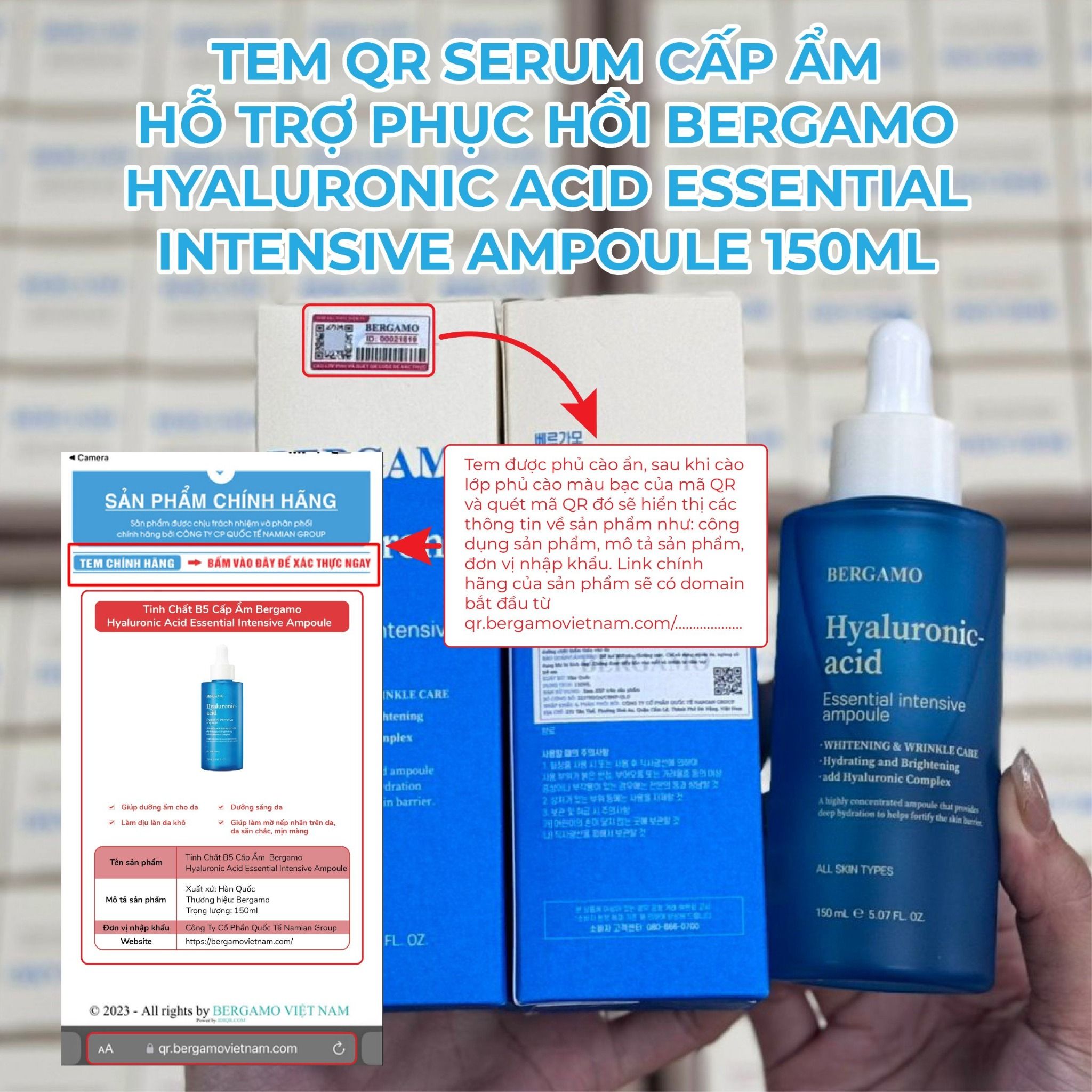 SERUM CẤP ẨM HỖ TRỢ PHỤC HỒI BERGAMO HYALURONIC ACID ESSENTIAL INTENSIVE AMPOULE 150ML