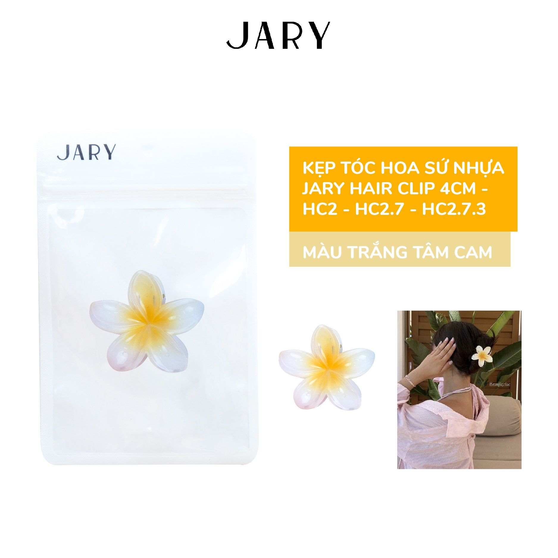 KẸP TÓC HOA SỨ NHỰA JARY HAIR CLIP 4CM - HC2 - HC2.7 - HC2.7.3 - MÀU TRẮNG TÂM CAM