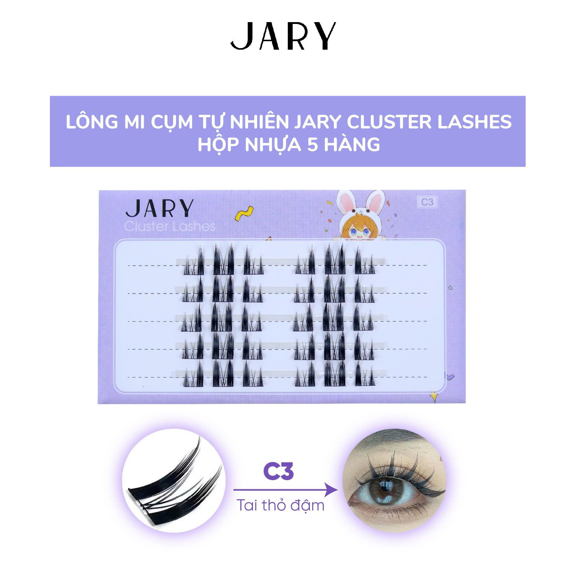 LÔNG MI CỤM TỰ NHIÊN JARY CLUSTER LASHES HỘP NHỰA 5 HÀNG - C3 TAI THỎ ĐẬM