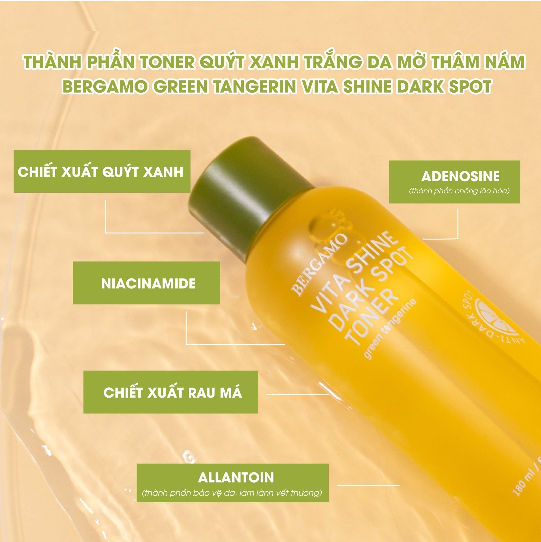 TONER QUÝT XANH SÁNG DA MỜ THÂM NÁM BERGAMO GREEN TANGERINE VITA SHINE DARK SPOT TONER 180ML