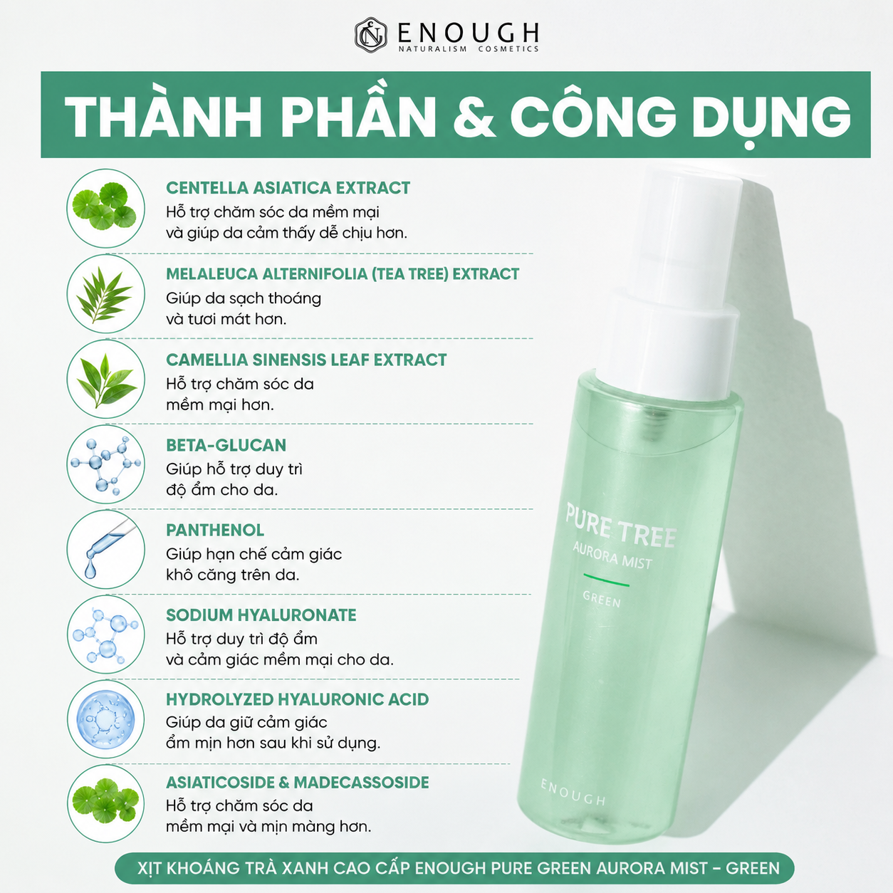 XỊT KHOÁNG TRÀ XANH CAO CẤP ENOUGH PURE TREE AURORA MIST 80ML - GREEN