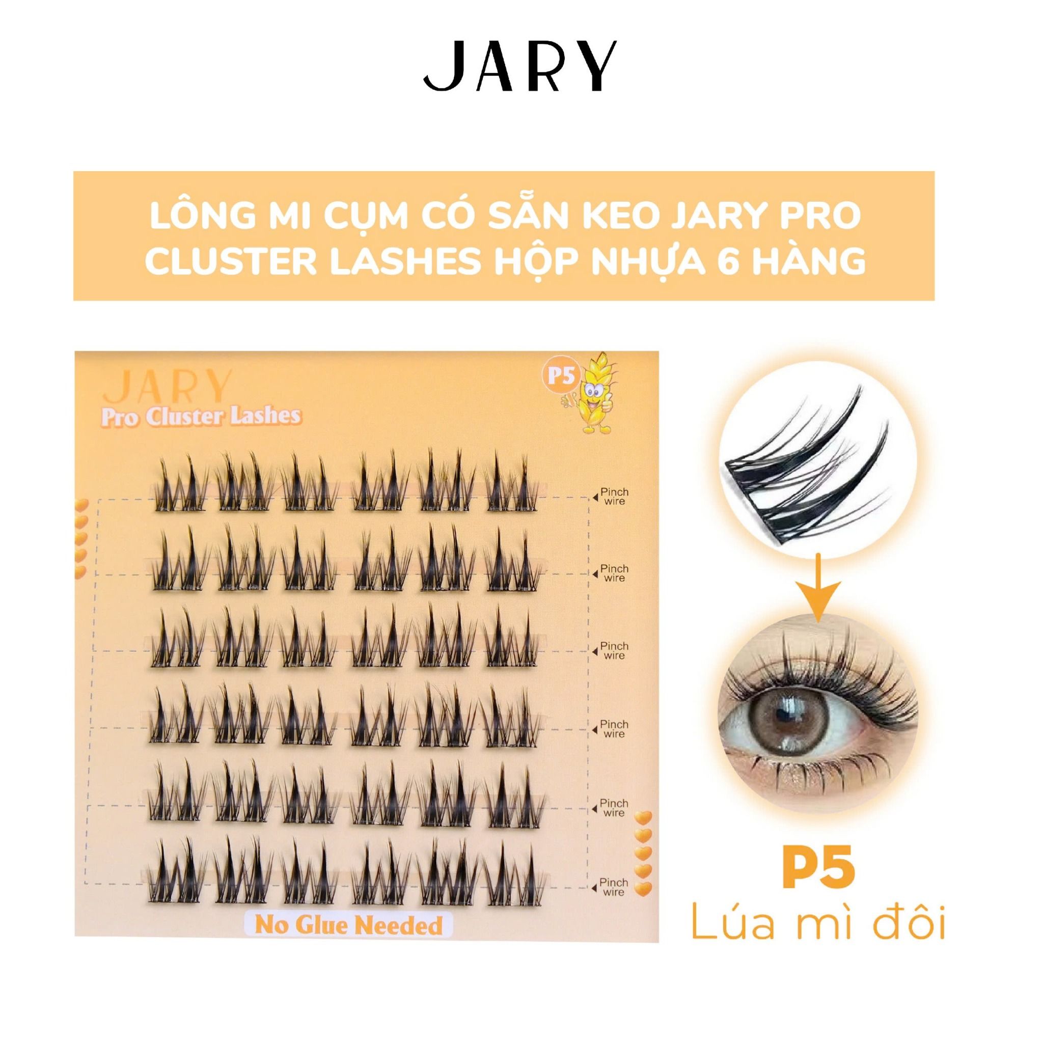 LÔNG MI CỤM CÓ SẴN KEO JARY PRO CLUSTER LASHES HỘP NHỰA 6 HÀNG - P5 LÚA MÌ ĐÔI - KHÔNG HỘP