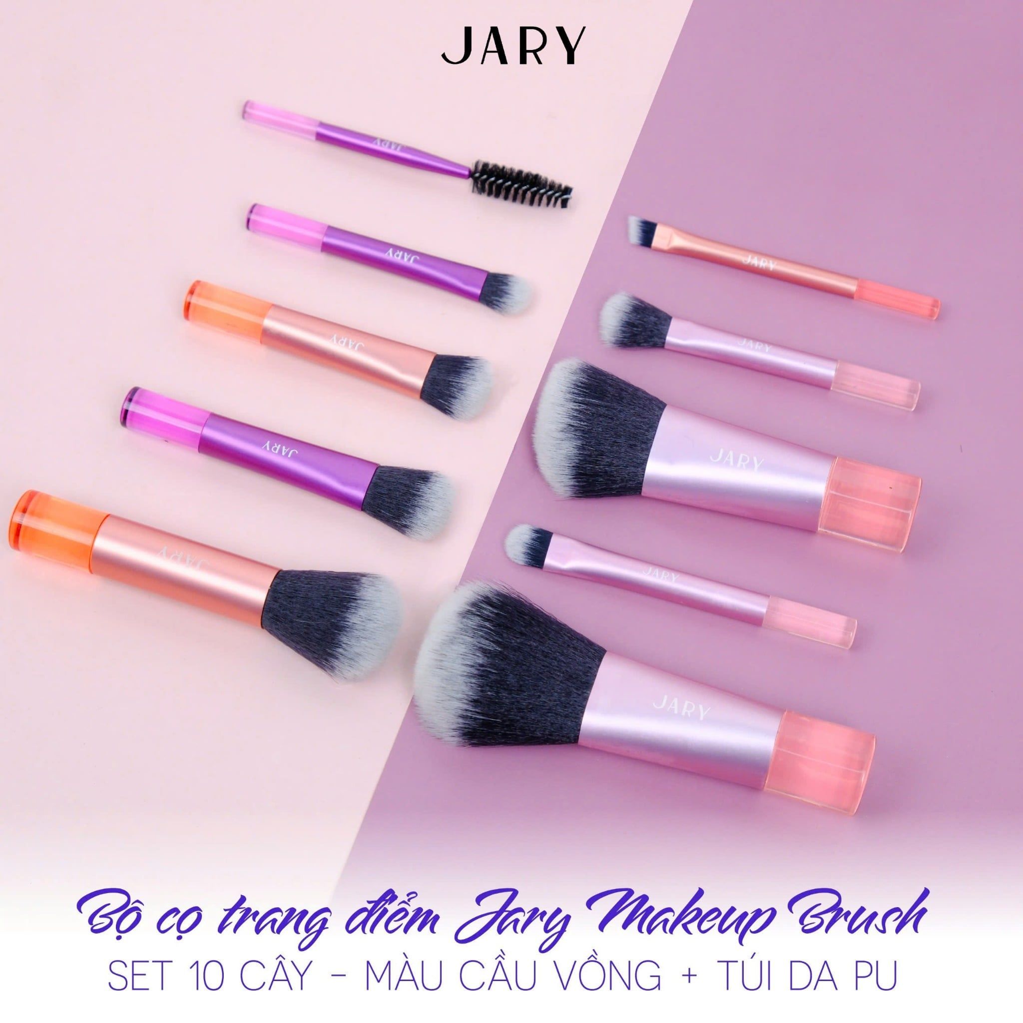 BỘ CỌ TRANG ĐIỂM JARY MAKEUP BRUSH - SET 10 CÂY - MÀU CẦU VỒNG + TÚI ĐỰNG DA PU