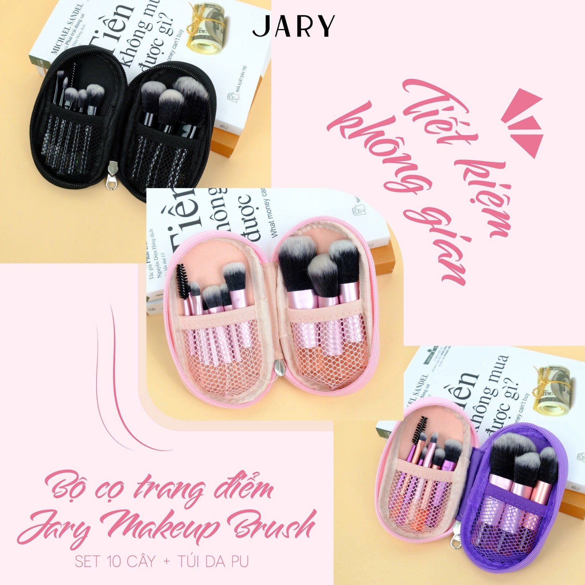 BỘ CỌ TRANG ĐIỂM JARY MAKEUP BRUSH - SET 10 CÂY - MÀU ĐEN + TÚI ĐỰNG DA PU