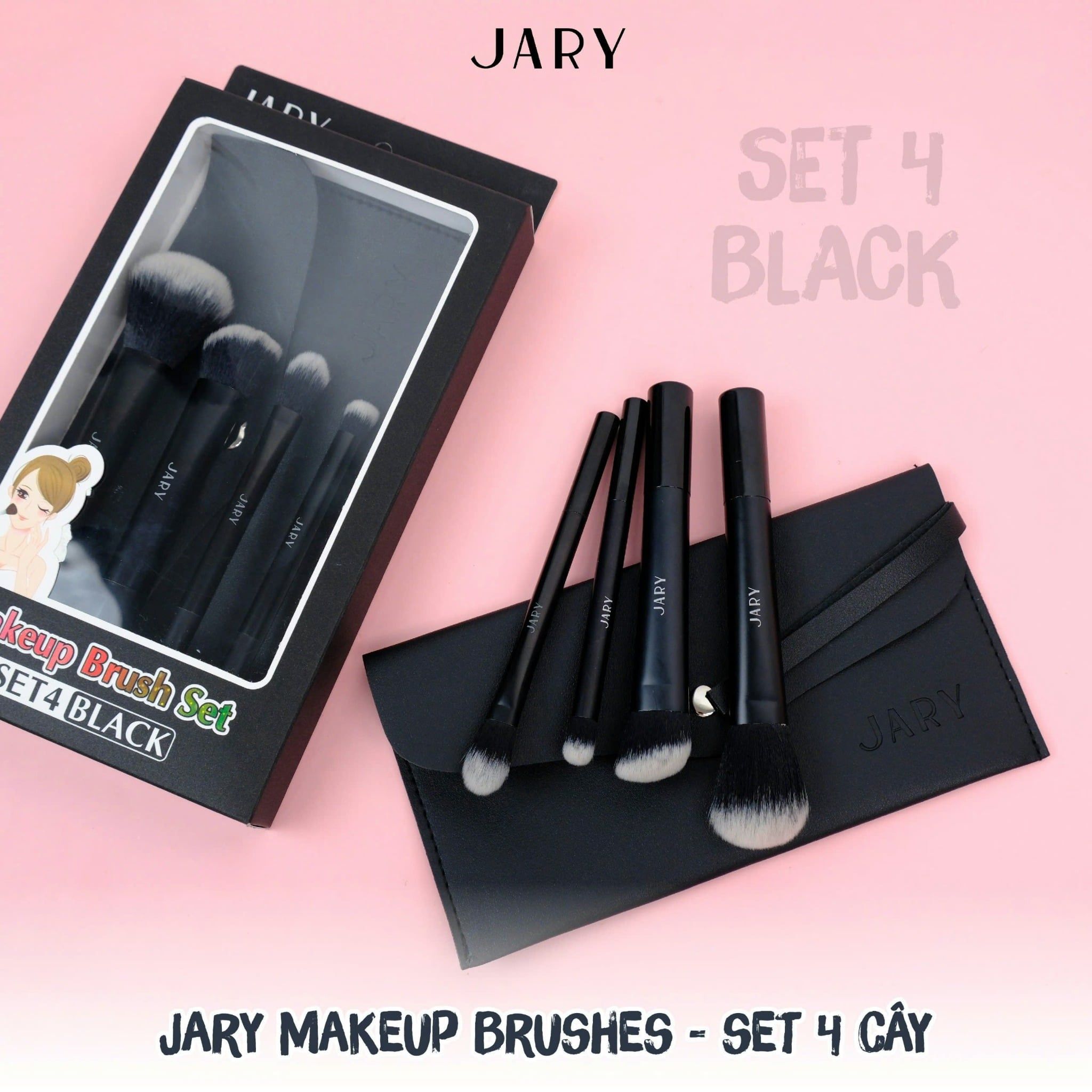 BỘ CỌ TRANG ĐIỂM JARY MAKEUP BRUSH - SET 4 CÂY - MÀU ĐEN + TÚI ĐỰNG DA PU