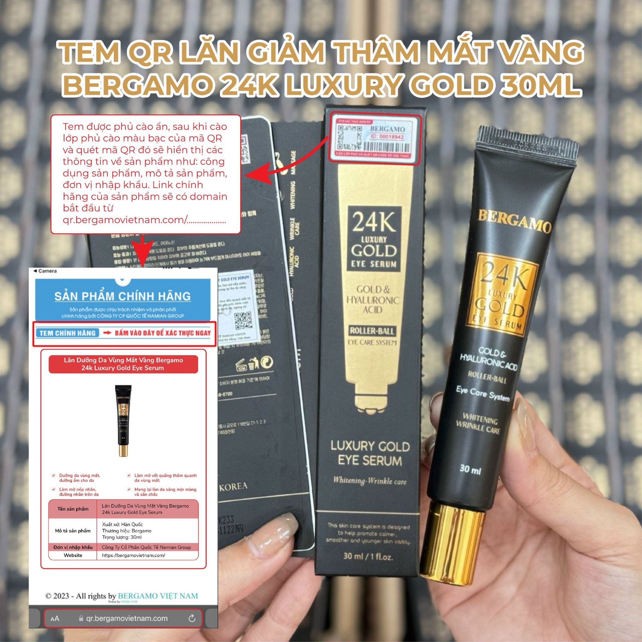 LĂN GIẢM THÂM MẮT VÀNG BERGAMO 24K LUXURY GOLD EYE SERUM 30ML