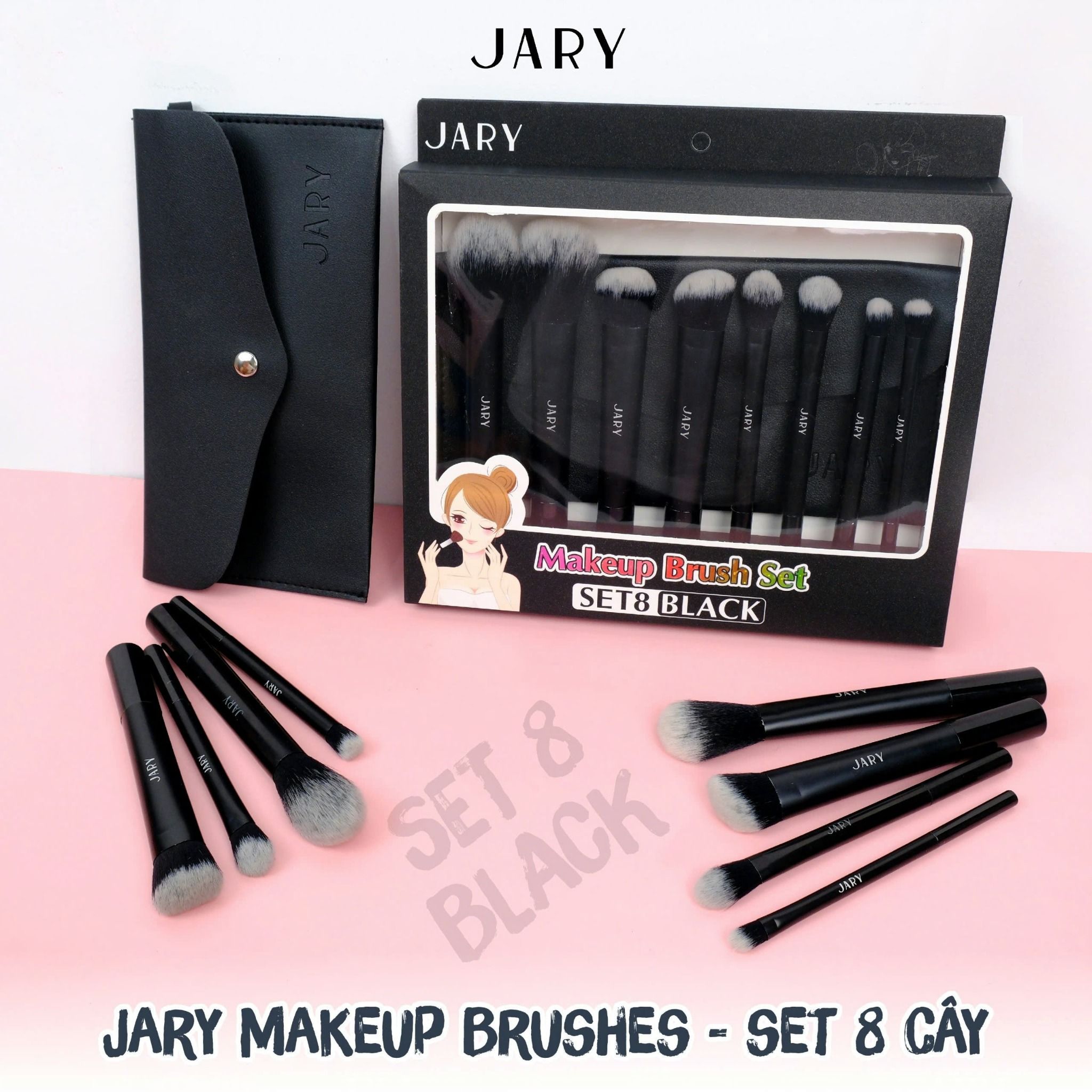 BỘ CỌ TRANG ĐIỂM JARY MAKEUP BRUSH - SET 8 CÂY - MÀU ĐEN + TÚI ĐỰNG DA PU