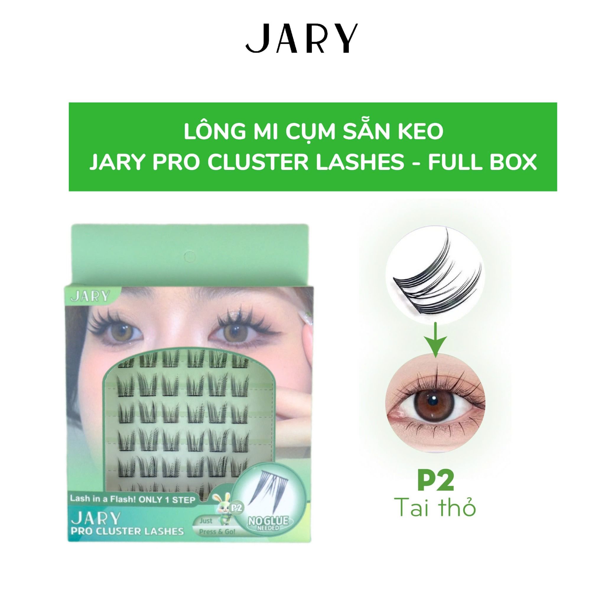 LÔNG MI CỤM CÓ SẴN KEO JARY PRO CLUSTER LASHES HỘP NHỰA 6 HÀNG - P2 TAI THỎ - FULLBOX