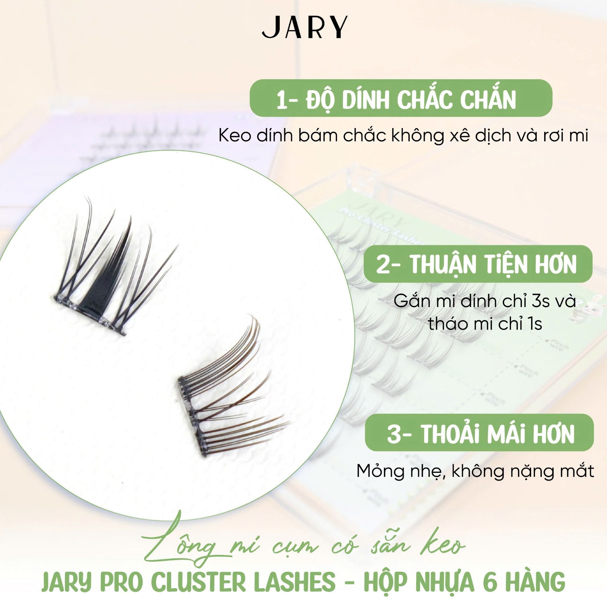 LÔNG MI CỤM CÓ SẴN KEO JARY PRO CLUSTER LASHES HỘP NHỰA 6 HÀNG - P2 TAI THỎ - KHÔNG HỘP