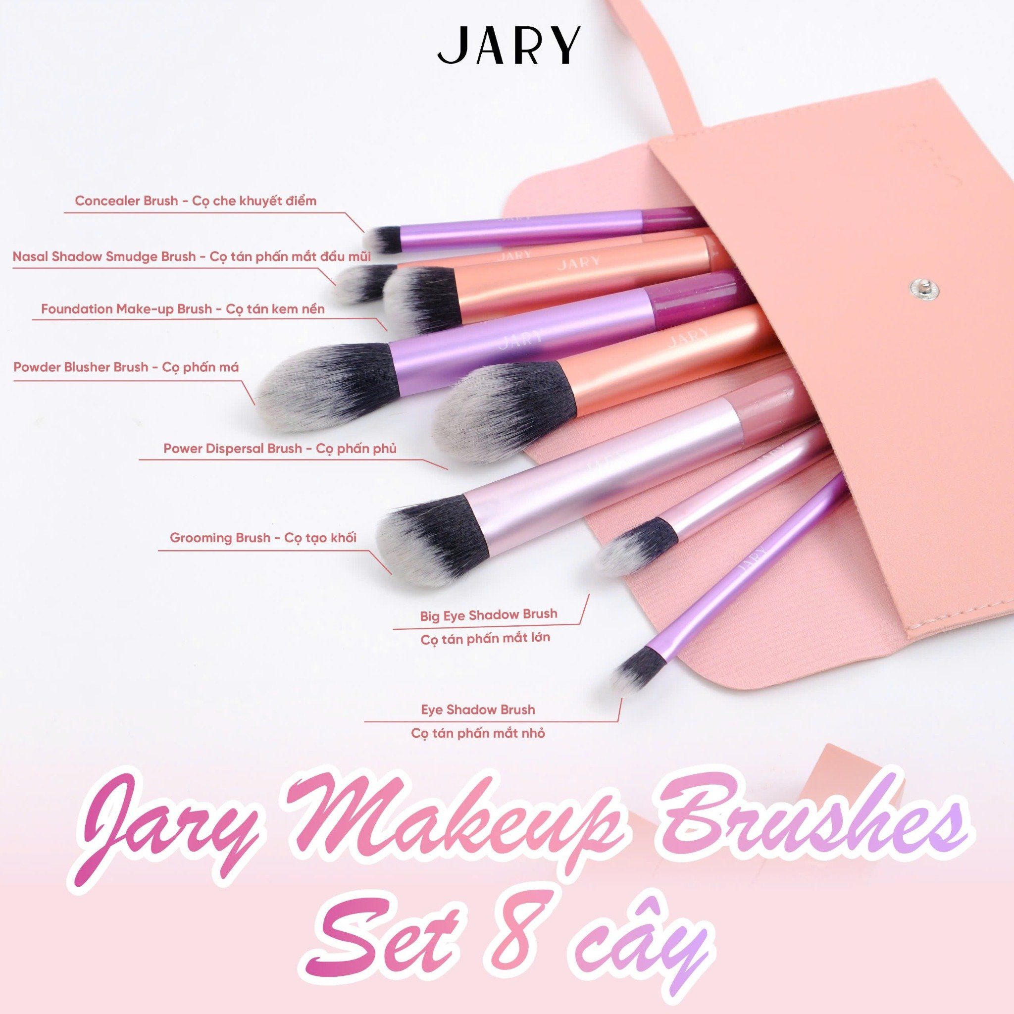 BỘ CỌ TRANG ĐIỂM JARY MAKEUP BRUSH - SET 8 CÂY - MÀU CẦU VỒNG + TÚI ĐỰNG DA PU