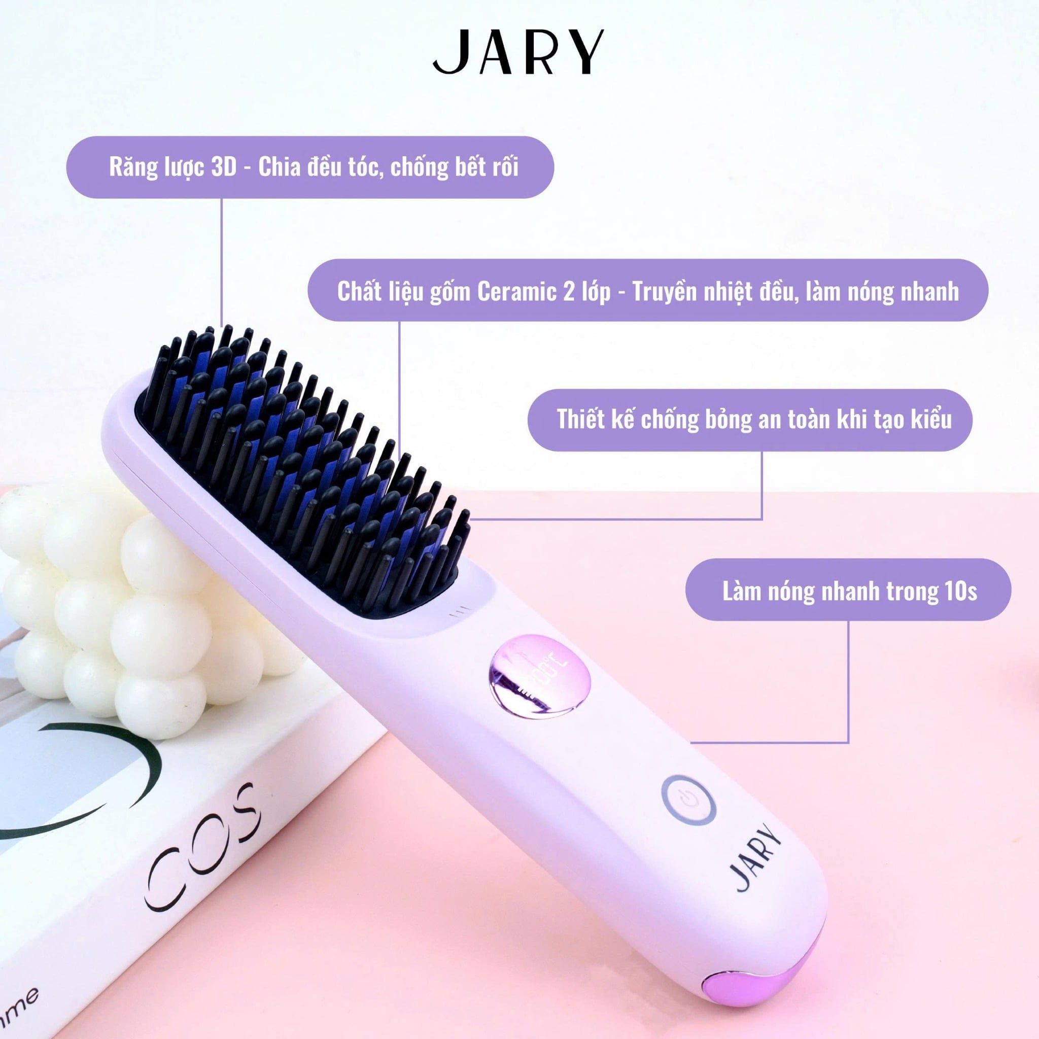 LƯỢC ĐIỆN CHẢI TÓC KHÔNG DÂY ION ÂM JARY ION ELECTRIC HAIR COMB - MÀU TÍM