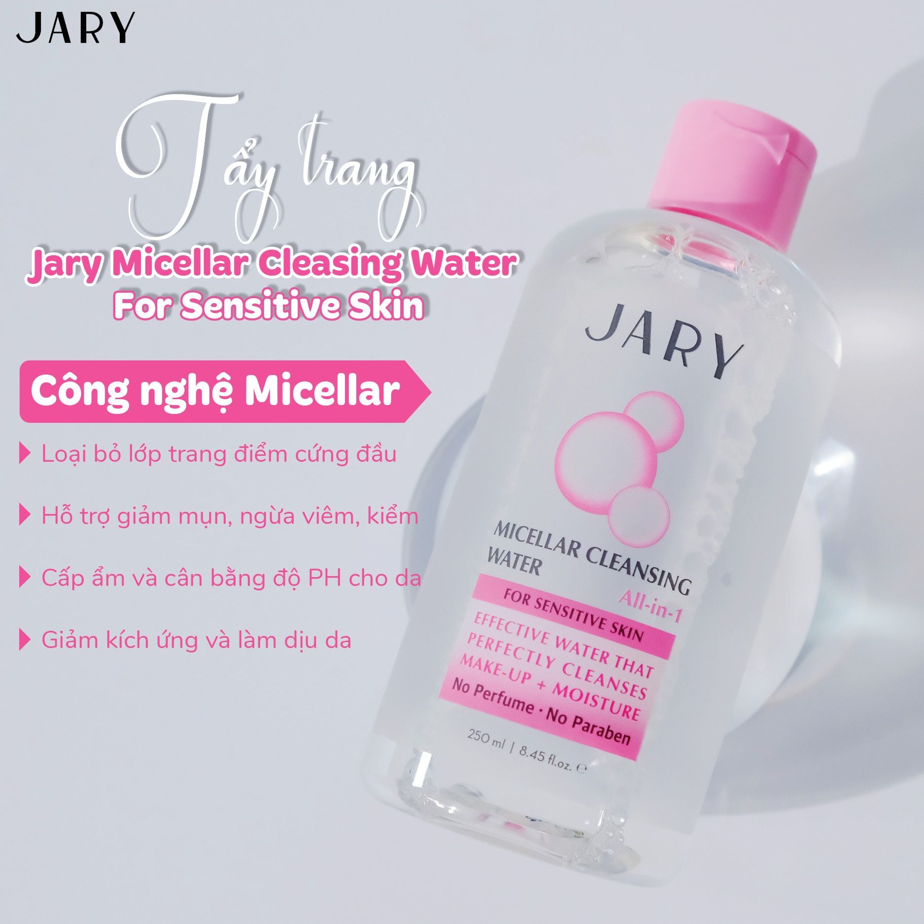 NƯỚC TẨY TRANG JARY MICELLAR CLEANSING WATER MÀU HỒNG - DÀNH CHO DA KHÔ, THƯỜNG, NHẠY CẢM