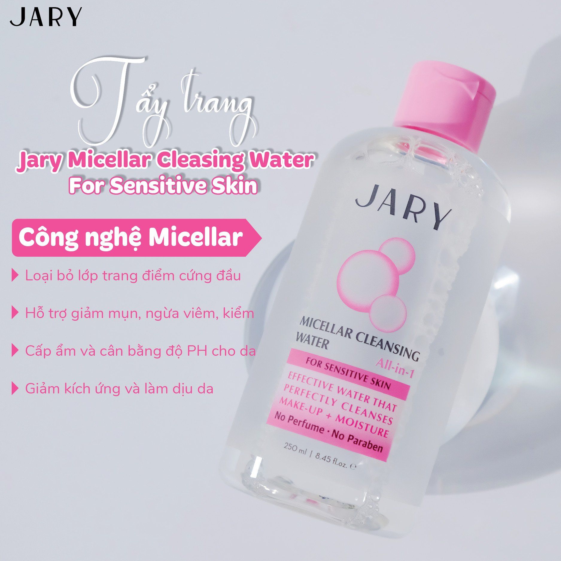 NƯỚC TẨY TRANG JARY MICELLAR CLEANSING WATER MÀU HỒNG - DÀNH CHO DA KHÔ, THƯỜNG, NHẠY CẢM