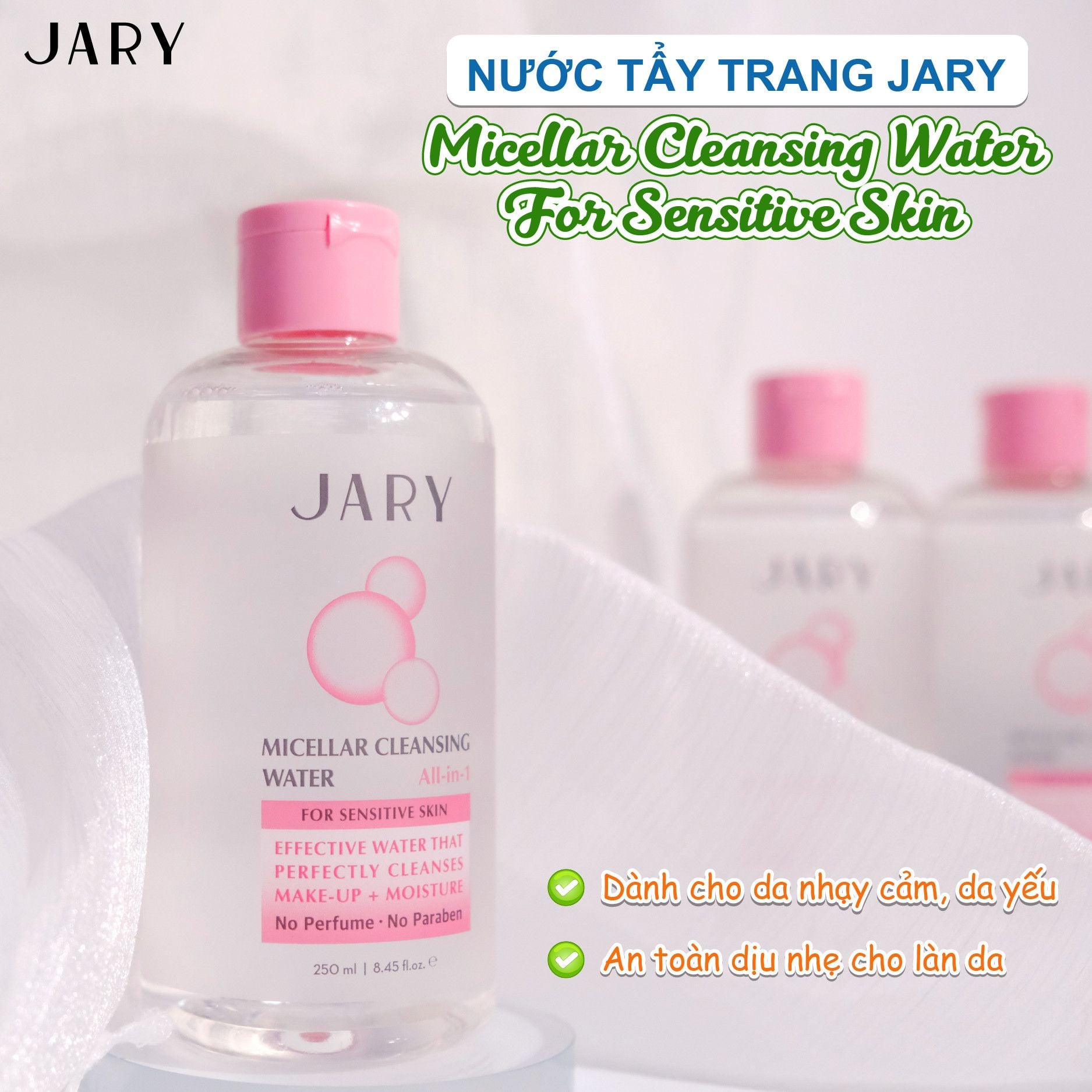 NƯỚC TẨY TRANG JARY MICELLAR CLEANSING WATER MÀU HỒNG - DÀNH CHO DA KHÔ, THƯỜNG, NHẠY CẢM