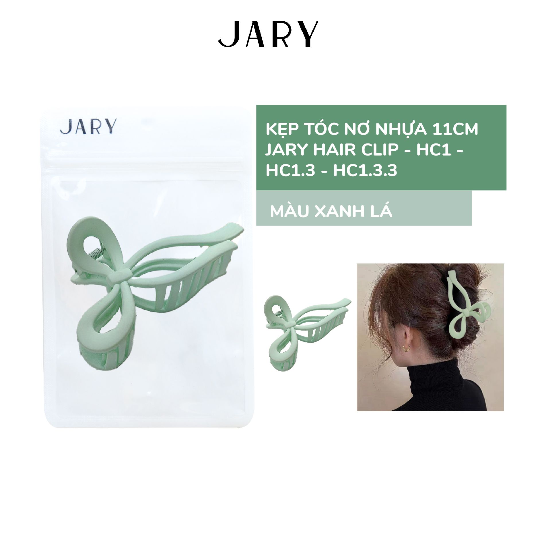 KẸP TÓC NƠ NHỰA 11CM JARY HAIR CLIP - HC1 - HC1.3 - HC1.3.3 - MÀU XANH LÁ