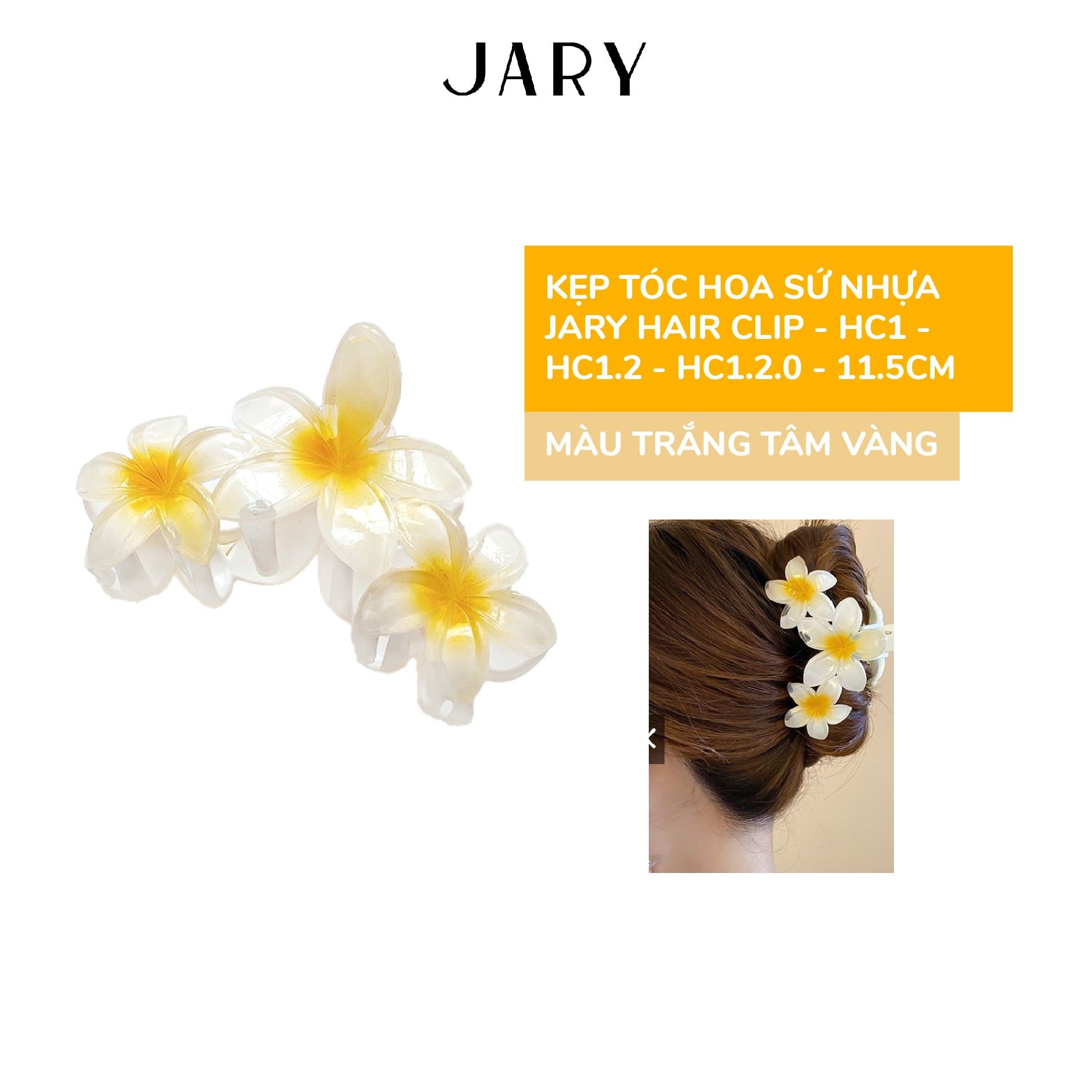 KẸP TÓC HOA SỨ NHỰA JARY HAIR CLIP - HC1 - HC1.2 - HC1.2.0 - MÀU TRẮNG TÂM VÀNG - 11.5CM