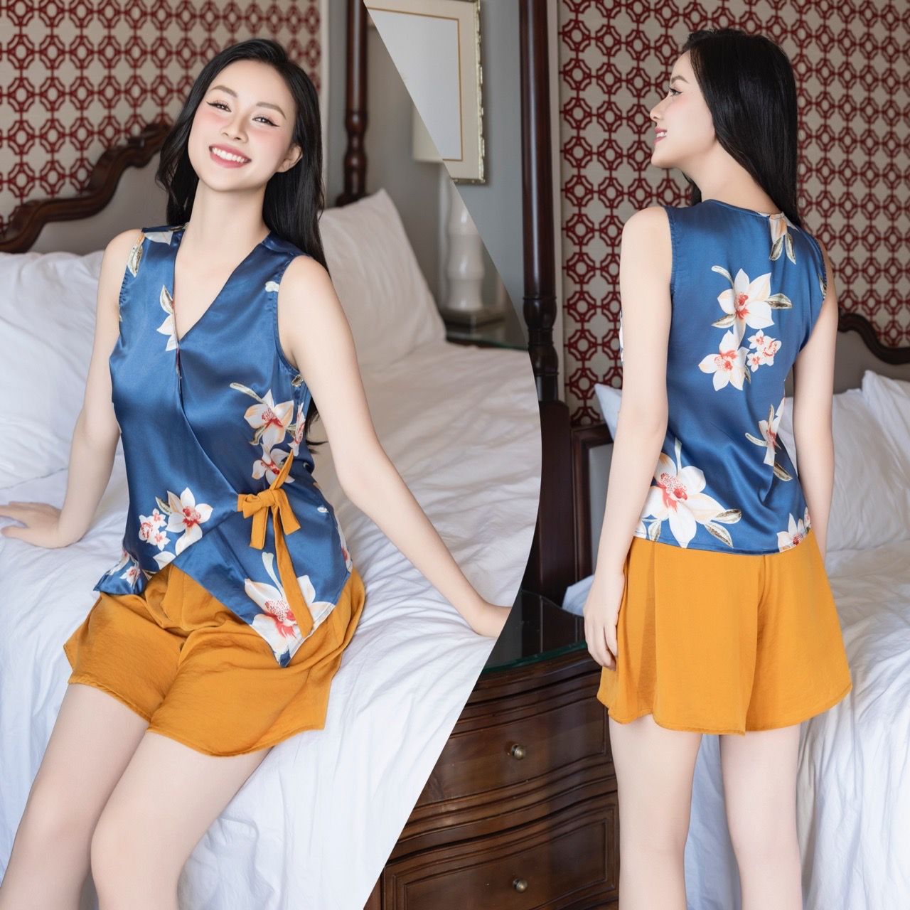  Áo lụa kiểu sọc nhấn nơ Infashion (Set áo hv) 