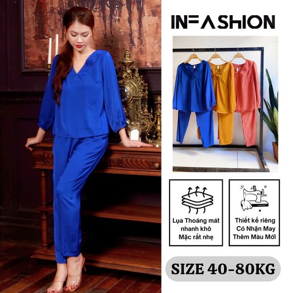  Đồ bộ dài lụa cổ V tay dài Infashion 