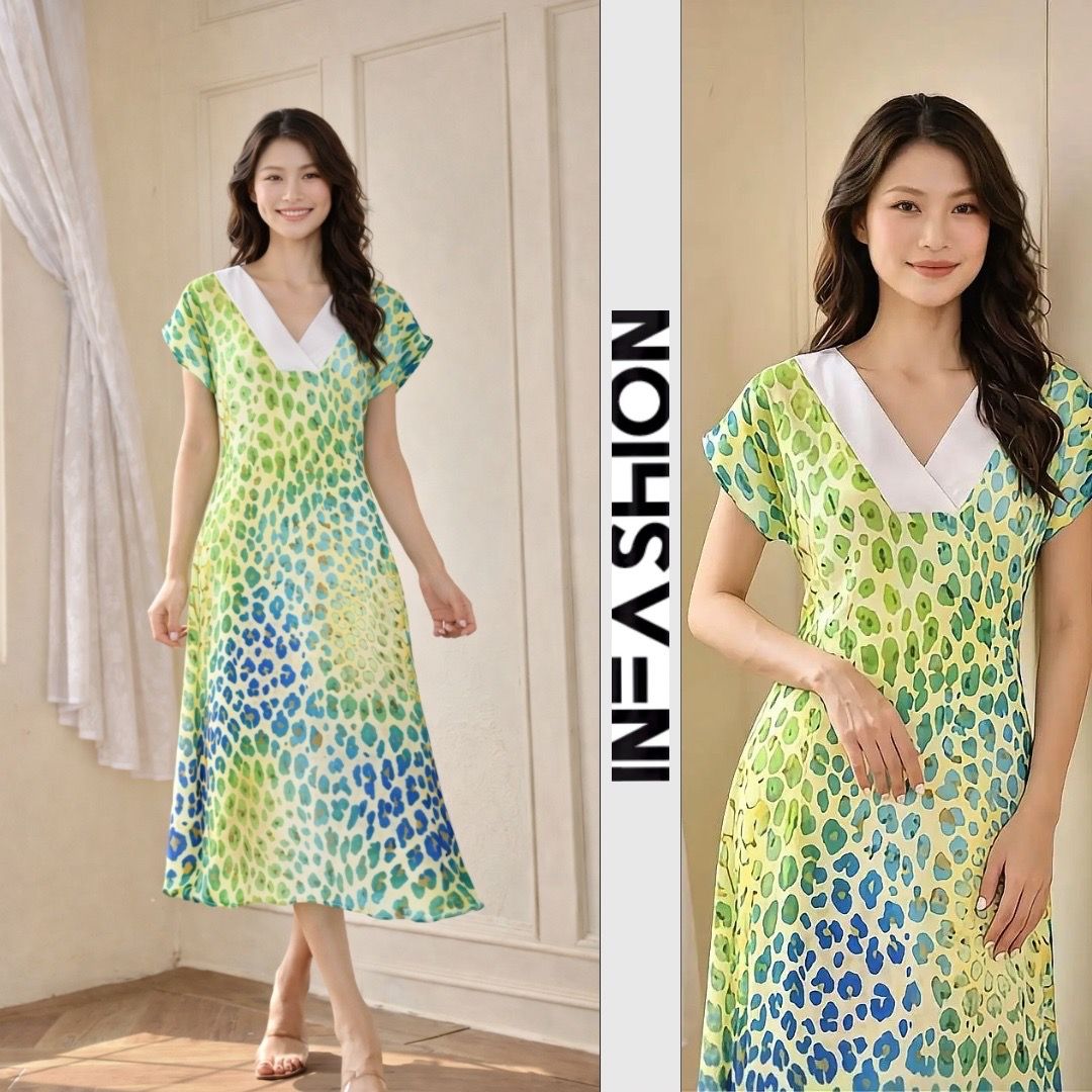  Đầm lụa nữ tay liền cổ phối V cột eo họa tiết 