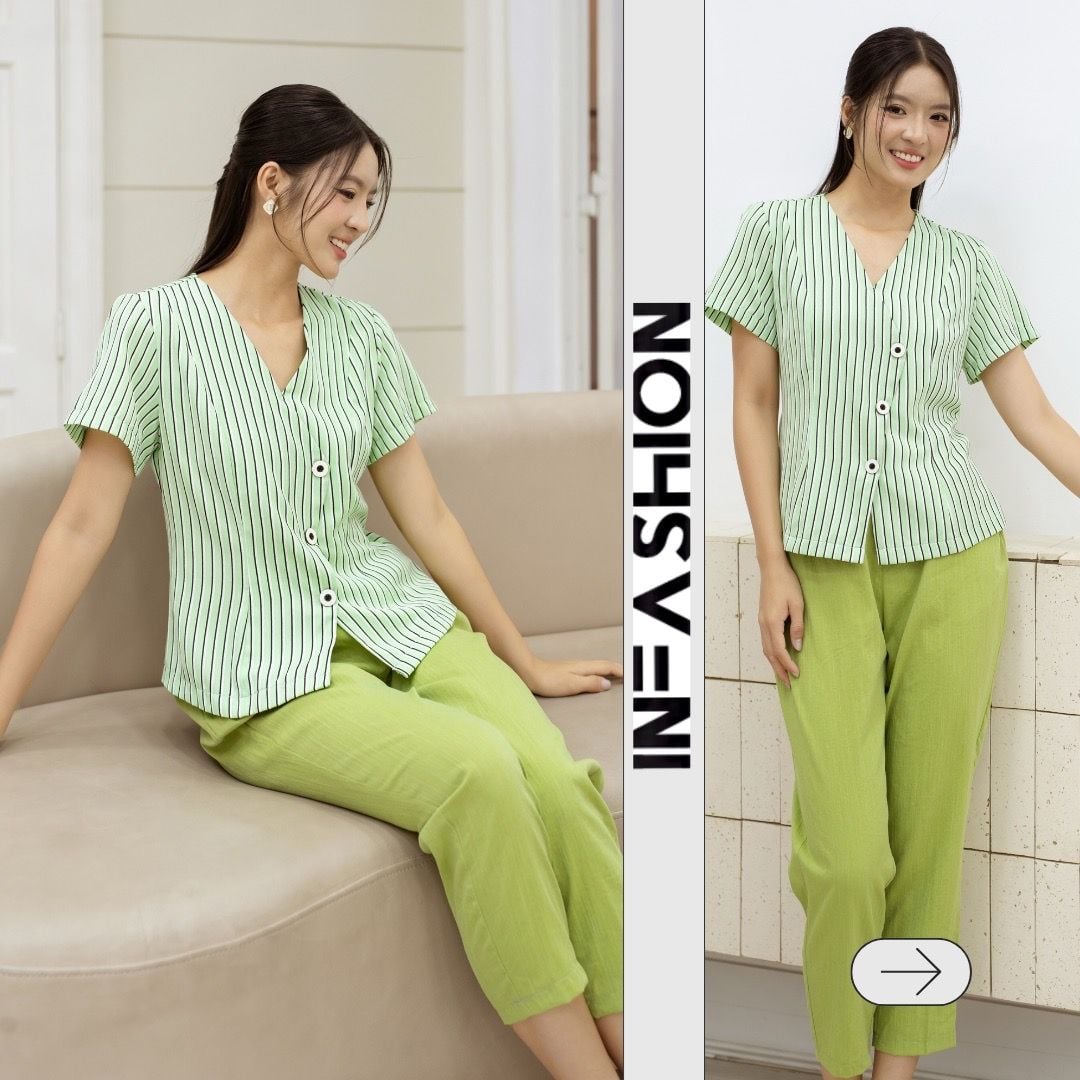  Bộ quần dài áo sọc phối màu có tay 