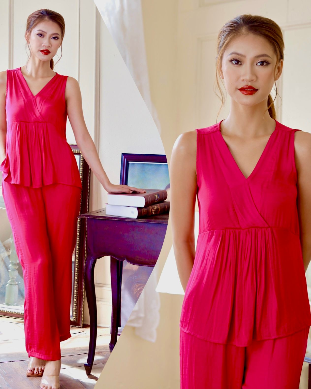  Đồ bộ dài cổ V nhún ống rộng 