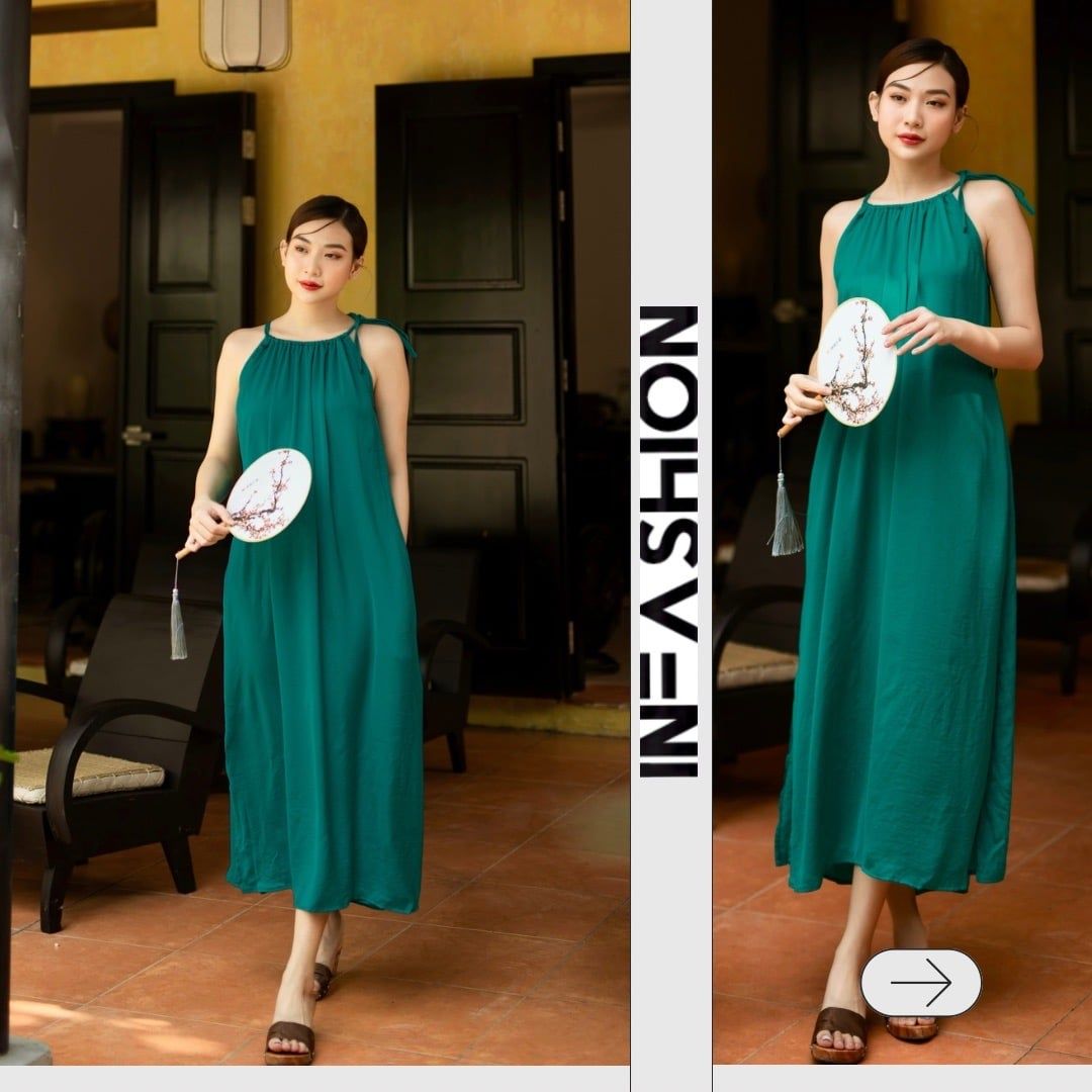  Đầm lụa suông cổ yếm kèm dây buộc eo 