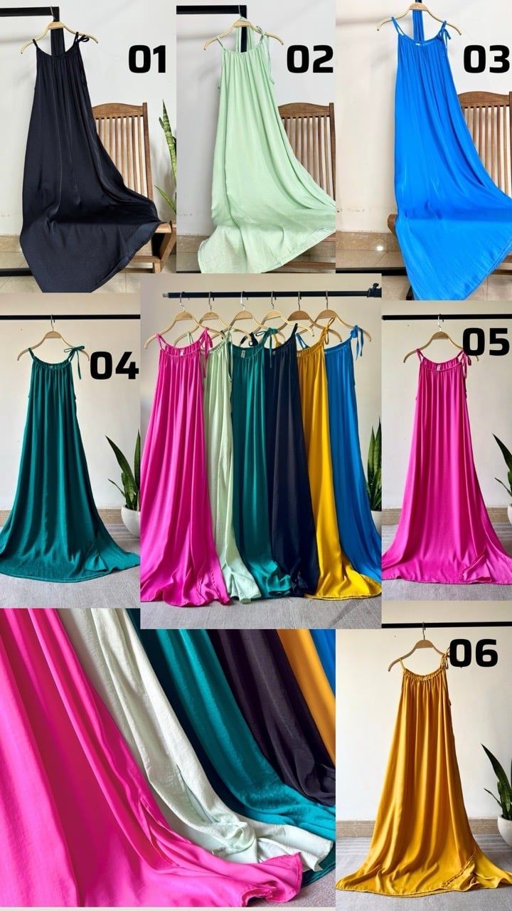  Đầm lụa suông cổ yếm kèm dây buộc eo 