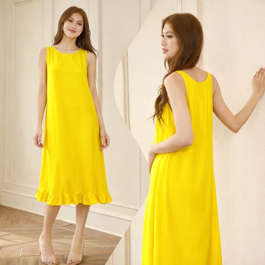  Đầm lụa dáng suông bèo chân kèm dây buộc eo 