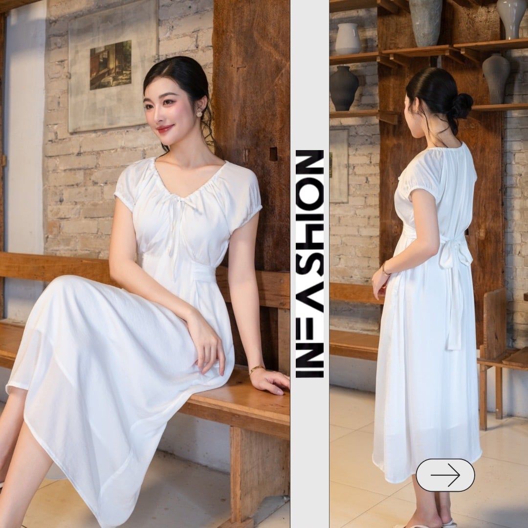  Đầm cổ rút nhún 2 lớp 