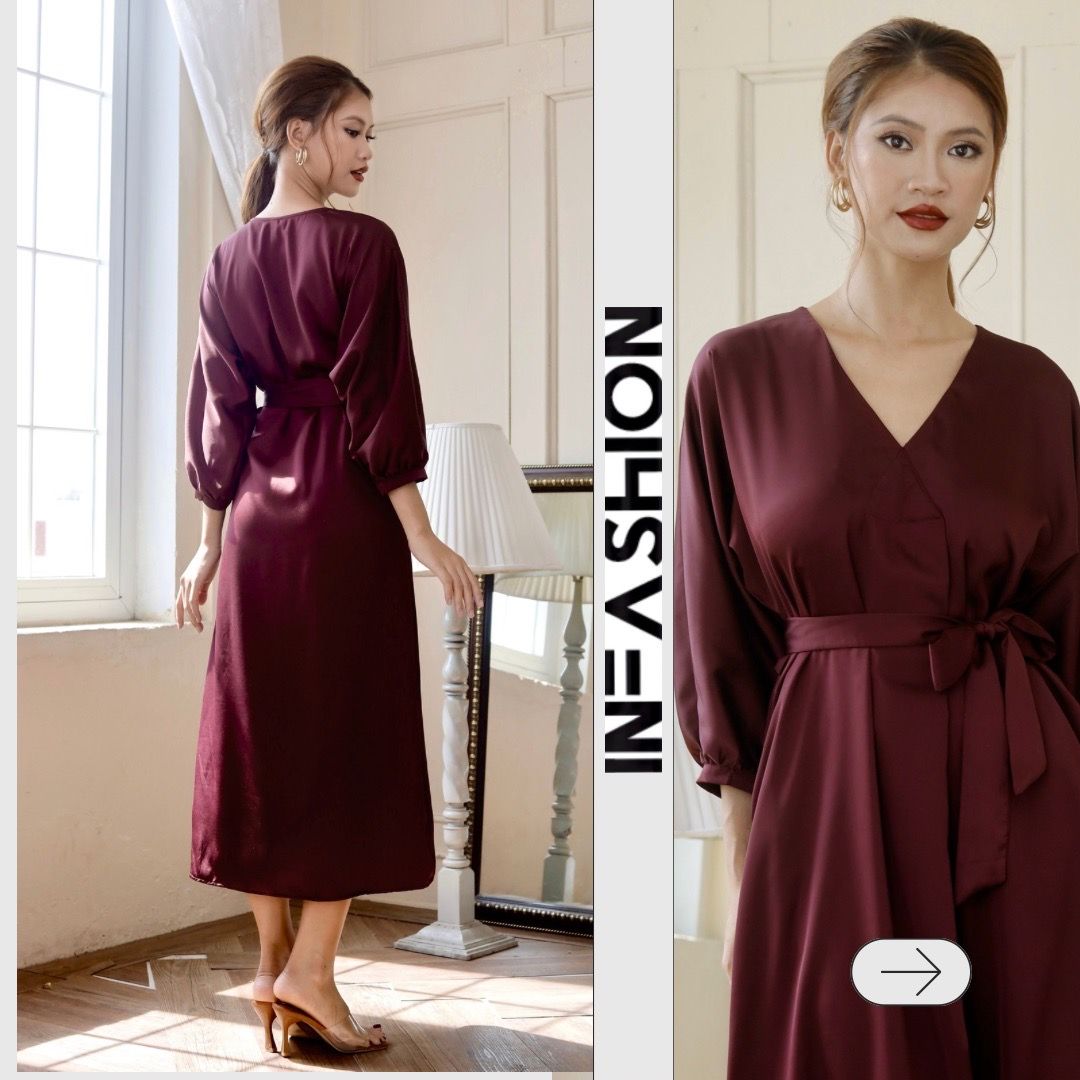  Đầm midi lụa tay liền dài cổ V Infashion 