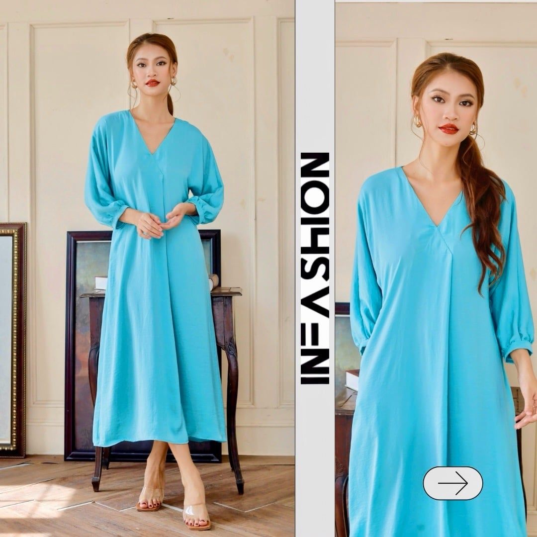 Đầm midi lụa tay liền dài cổ V Infashion 