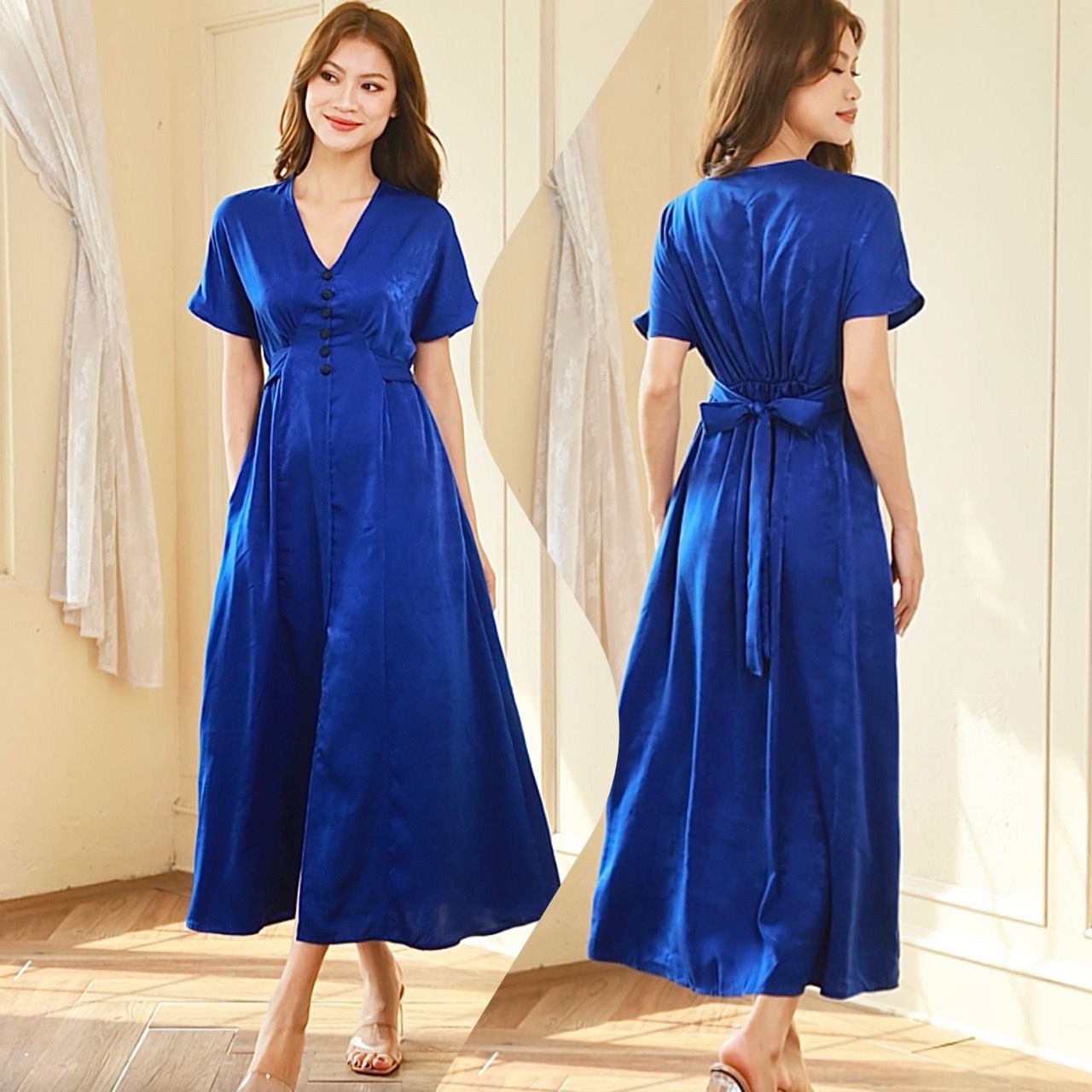  Đầm tay liền chữ A cột eo 