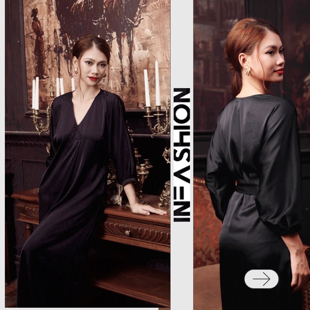  Đầm midi lụa tay liền dài cổ V Infashion 